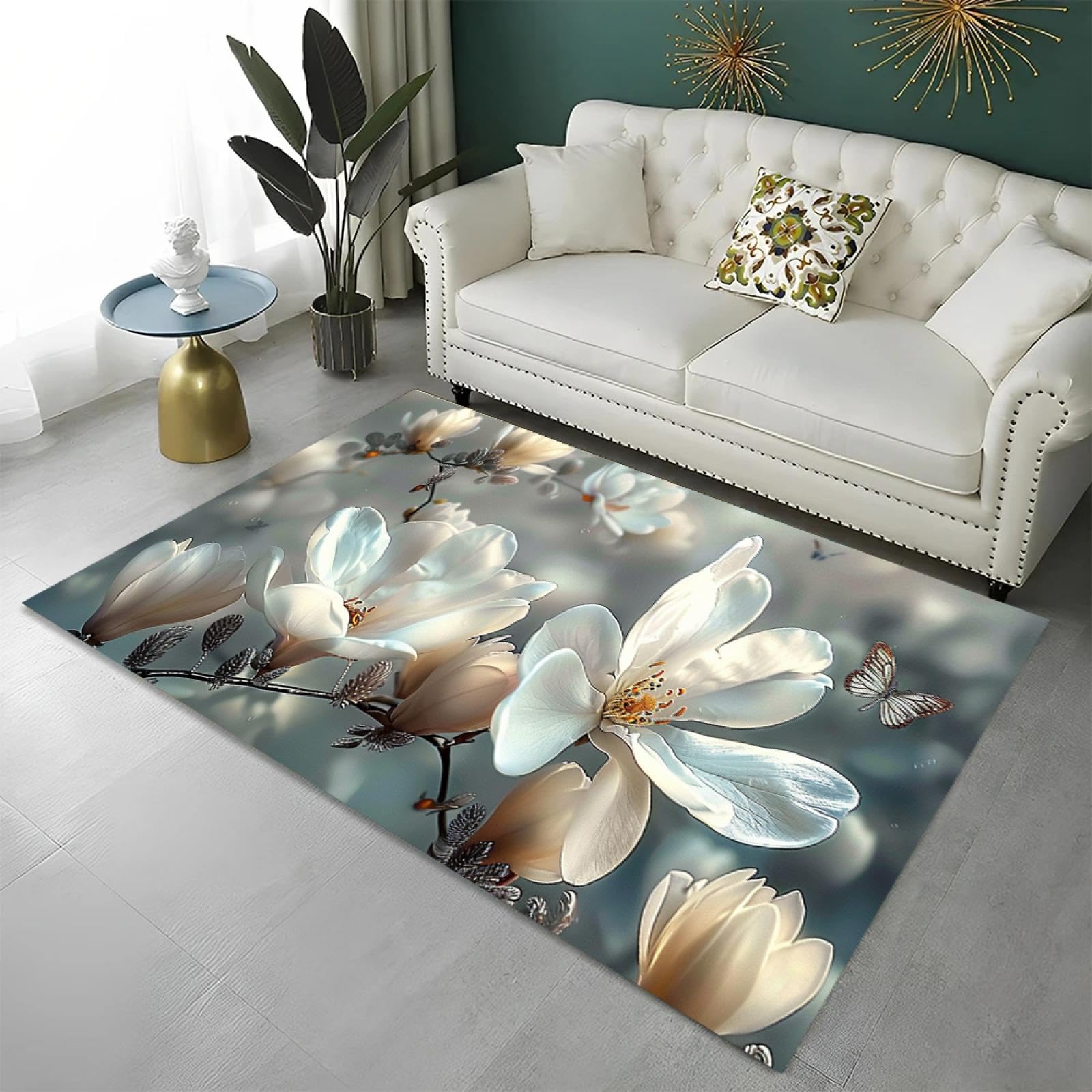 Alfombra de flores blancas 160x200cm antideslizante para salón y dormitorio
