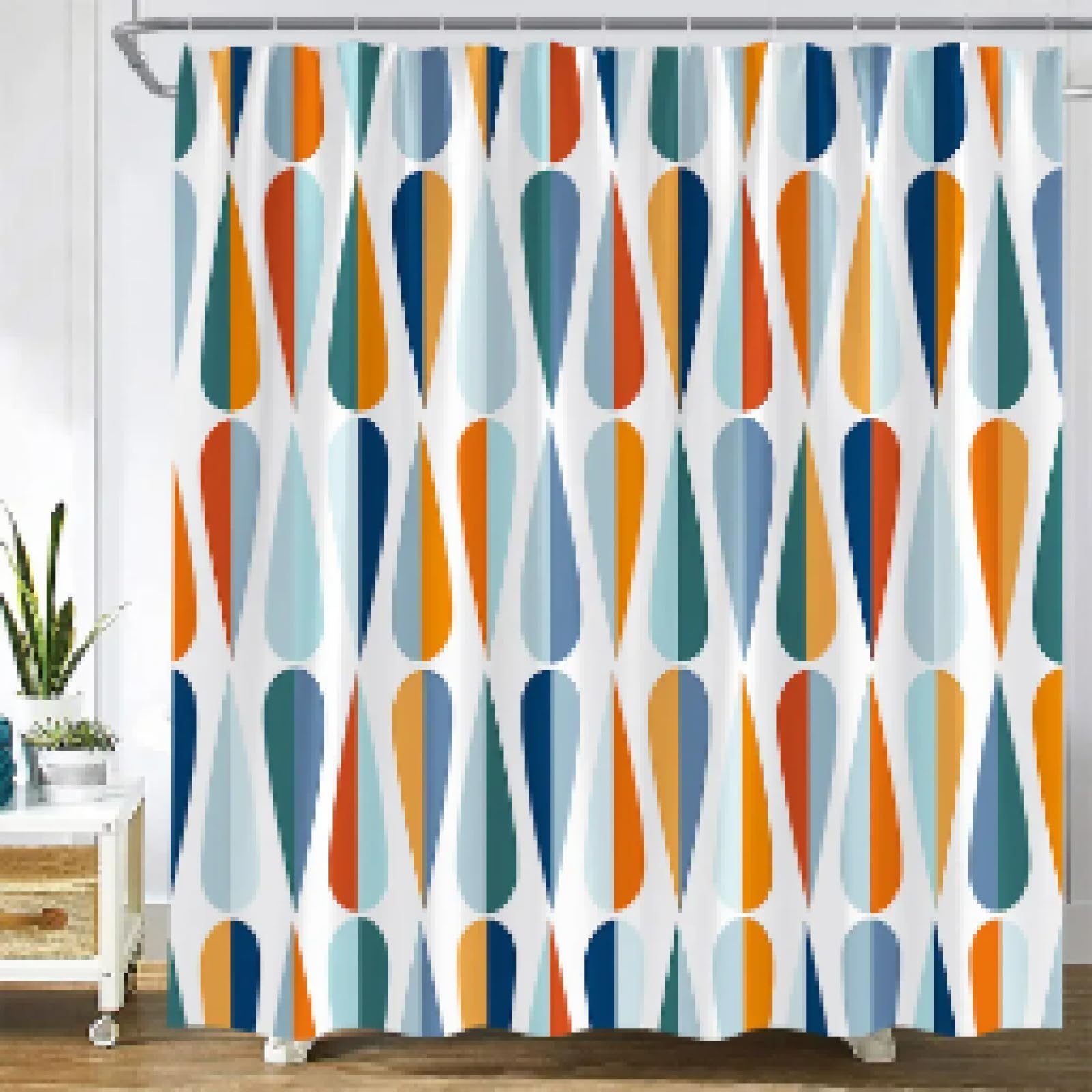 Mid-Century Modern Tenda da doccia 300x180 cm, con motivi geometrici astratti a goccia, in tessuto di poliestere impermeabile e antimuffa, con ganci