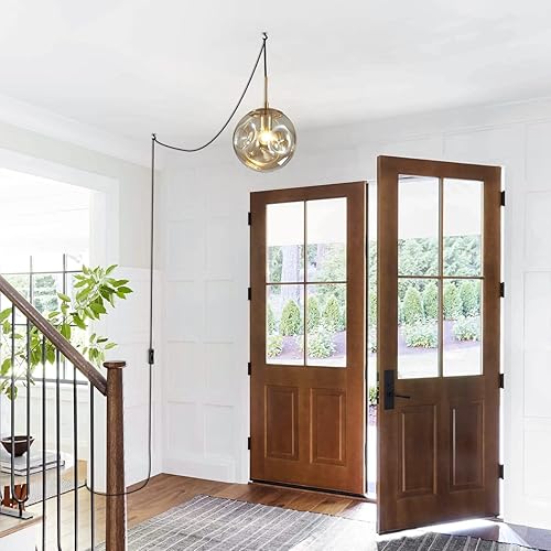 Miniatura 7 de BOKT Lámpara colgante de vidrio ámbar dorado con cable de enchufe, moderno globo grande enchufable, iluminación colgante de latón cepillado, lámpara