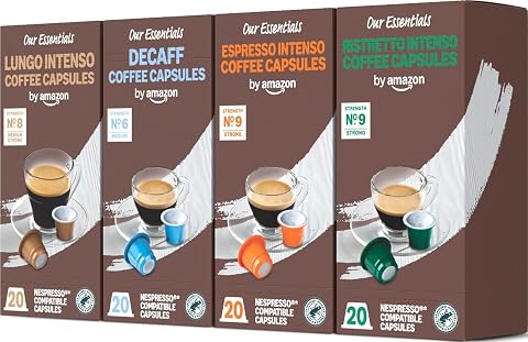 by Amazon Capsules de Café en Plastique Nespresso, Variety Pack Torréfaction Corsée, 50% Arabica, 50% Robusta, 80 Unités (4 Paquets de 20), – Certifiées Rainforest Alliance