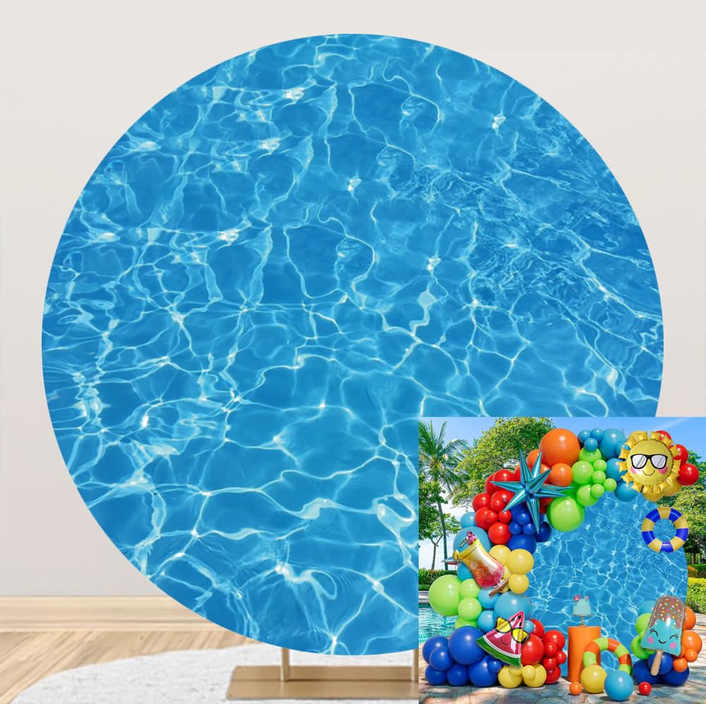 Laeacco 7.2x7.2ft Swimming Pool Round Backdrop Blue Water Wave Ripple Circle Backdrop Cover Ocean Seawater Photo Background for Baby Shower Adults