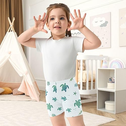 Leaf Sea Turtle Blue Girls Bike Shorts Toddler Soft Cotton Active Under Dress Shorts(Multi-leaf Sea Turtle Blue,5T)