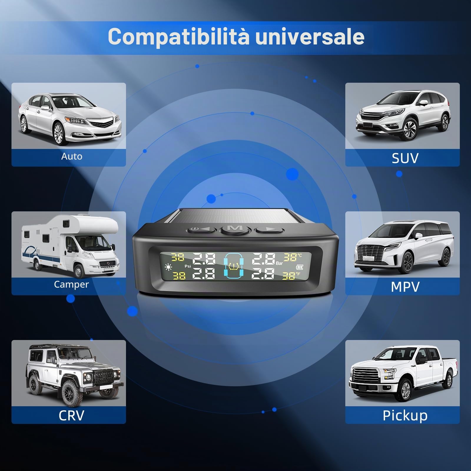 KAOLALI Sistema di monitoraggio della pressione dei pneumatici TPMS, monitoraggio della pressione dei pneumatici solare senza fili con 4 sensori esterni, visualizzazione in tempo reale della