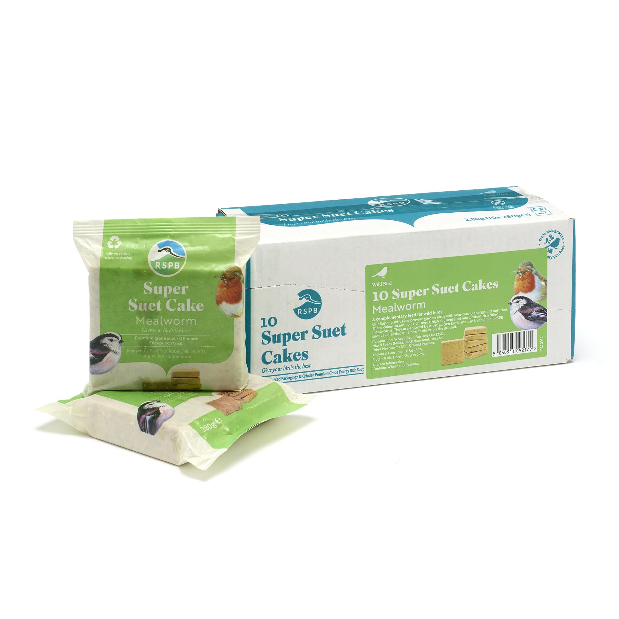 Suet Cakes for Wild Birds, Wild Bird Food for Small Birds with Dried Mealworms, Peanuts, Millet Seeds, and Rapeseeds, Individually Wrapped in Recyclable Paper, Easy to Open (10 x 280g) - RSPB
