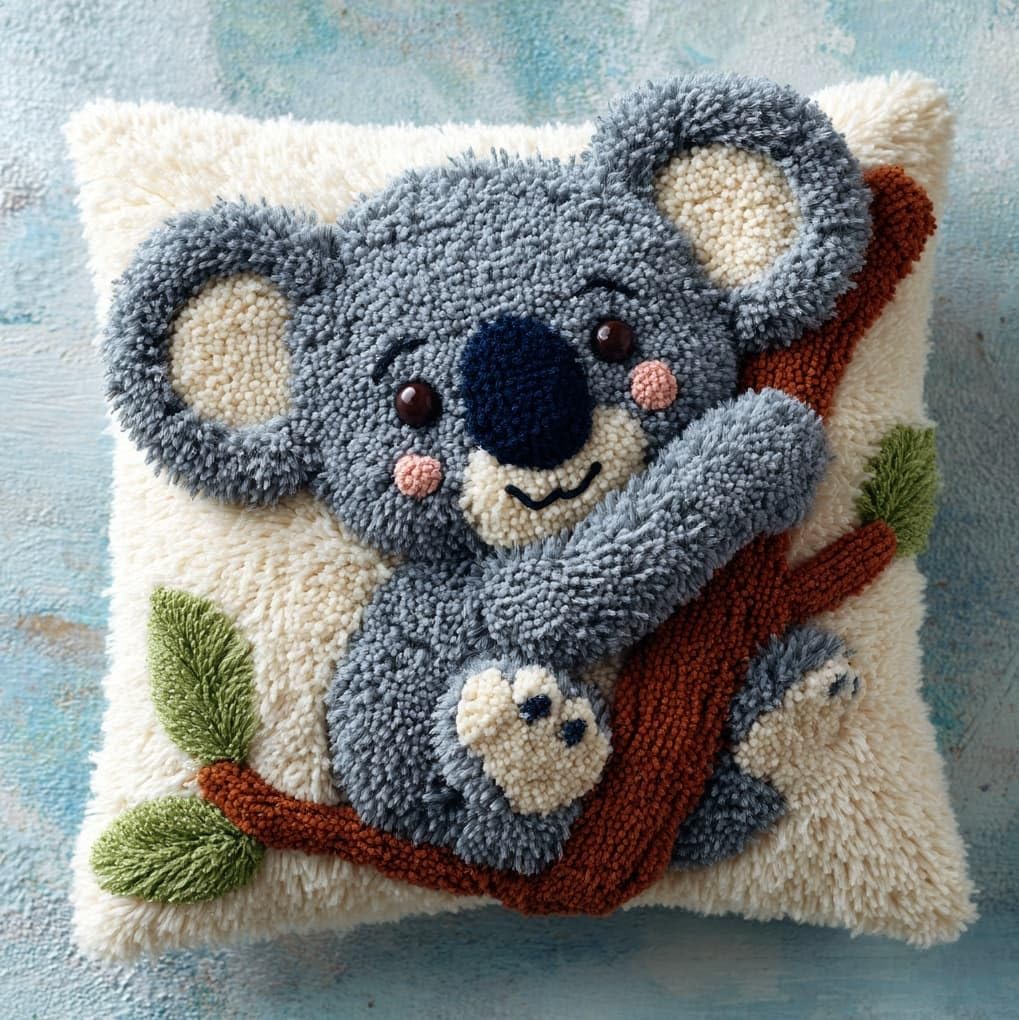 WallustrioaW Latch Hook Pillowcase Cushion Kits,Koala Animals,Latch Hook kit Cushion Throw Pillow Embroidery Craft for Beginner Hobby & Craft,17x17in