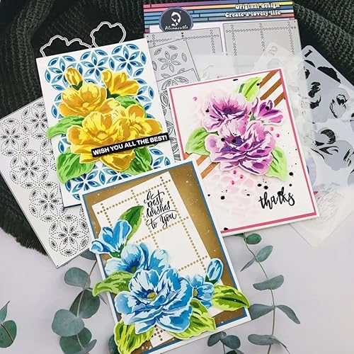 Miniatura 5 de Alinacutle 5 plantillas de capas de flores de peonía y 1 juego de troqueles de marco, plantillas de plástico con marcos, corte de metal, troqueladas