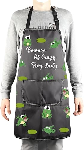 Miniatura 4 de MBMSO Delantal de rana Beware of Crazy Frog Lady - Delantal de cocina para amantes de la rana, regalos divertidos para mujeres, regalos divertidos