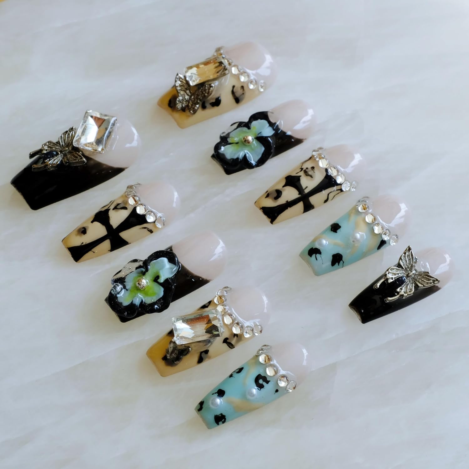 Press On Nails, Long Ballerina Style with 3D Flowers and Crystals, Black and Yellow Design, Handmade False Nail 10 Pieces (Small,LB)