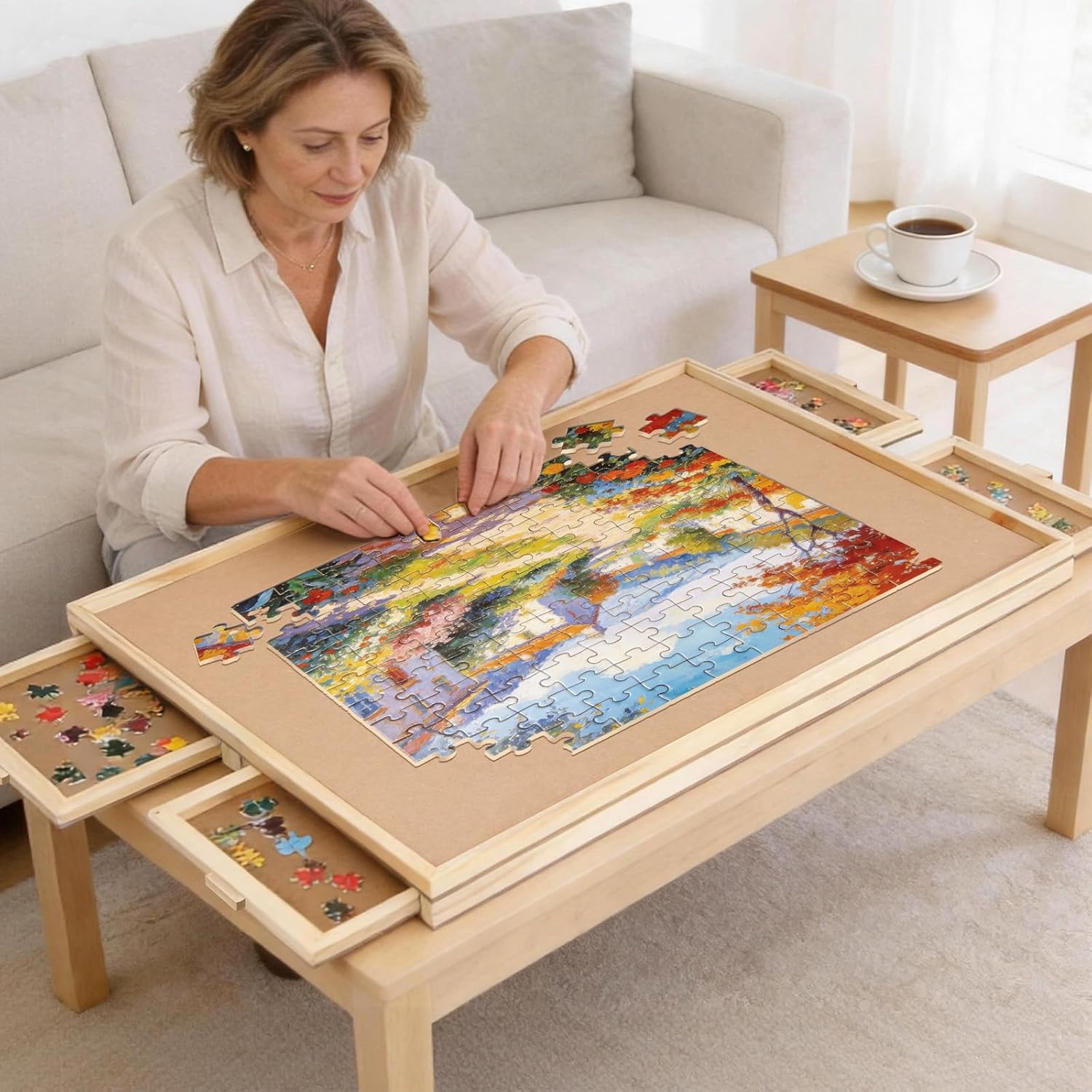 1000 Pieces Rotating Puzzle Board with 4 Drawers,28.74"x20.94" Portable Wooden Jigsaw Puzzle Table with Lazy Susan Spinning Cover for Adults Wooden-4 Drawers Extra Small-1000pcs