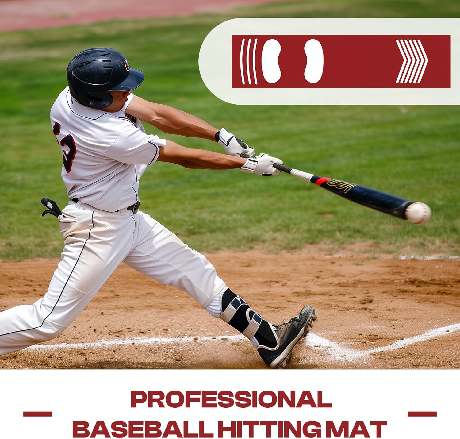 Hitting Batting Mat for Baseball & Softball Practice, Wear Resistant Anti Slip Lightweight 4.4 x 1 ft with Stance Alignment Guide for Teenagers & Beginners