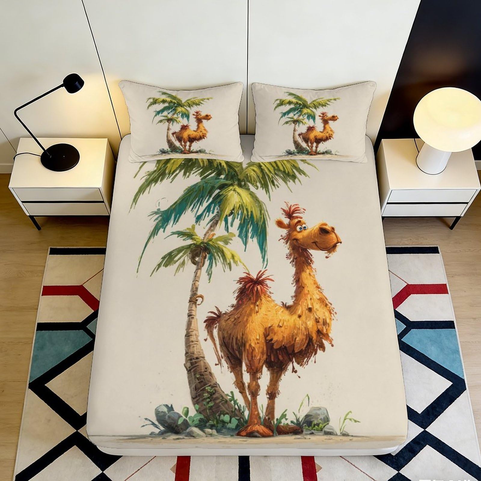 3D Printed Palm Tree Camel Fitted Sheet Microfiber Deep Pocket Non-Slip Palm Tree Camel Mattress Fitted Cover Bedroom 200x200x25cm 90x200x25cm