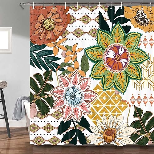 Miniatura 2 de Cortina de ducha bohemia floral para baño, abstracta de mediados de siglo, decoración bohemia, cortinas de baño, flores botánicas, hojas tropicales,