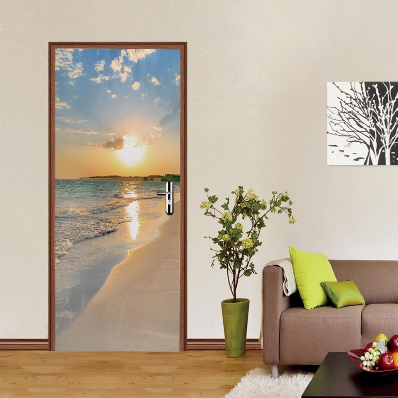 Door Sticker,Peel and Stick Vinyl Door Decals,Self-Adhesive Mural for Home Decor, 30.3" W x 78.7" L,Set of 2 Sheets,Beach Sunset