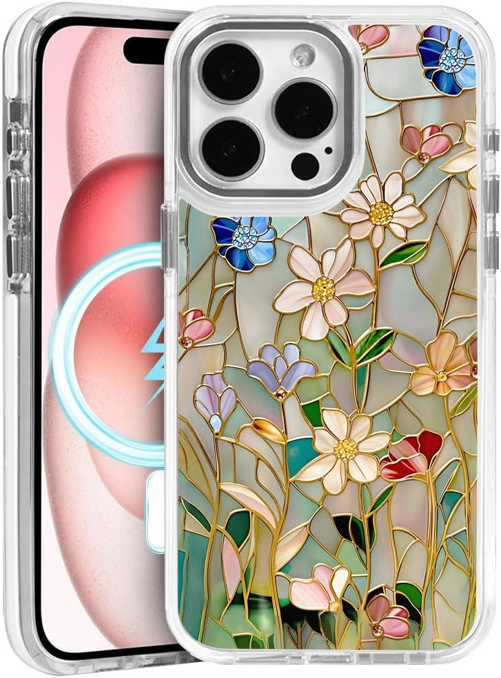 Case for iPhone 15,Compatible with MagSafe,Classic Clear Shockproof Protection Magnetic Phone Case - Stained Glass Bloom Flower