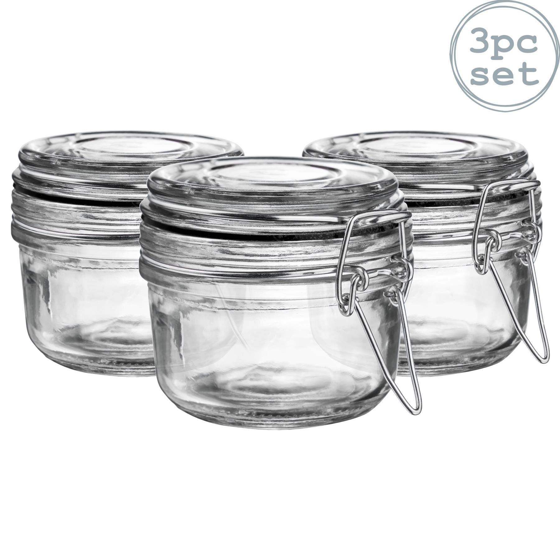 Argon Tableware 3x 125ml Clear Glass Storage Jars with Black Airtight Silicone Seal and Metal Clip Lids - 4.2oz Small Empty Kitchen Food Containers