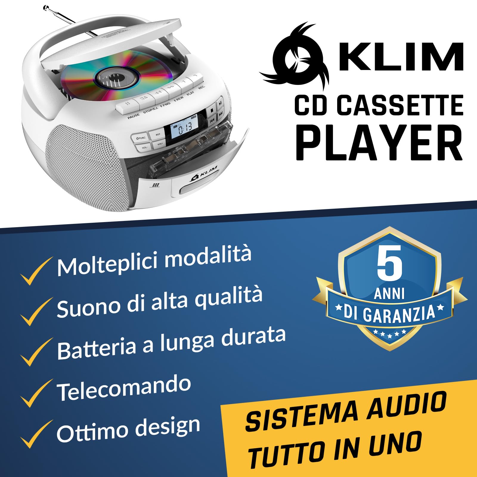 KLIM Lettore CD - Lettore Cassette Audio, AM/FM Radio Bluetooth, Stereo CD Player, Remota, Registrazione Su Nastro, USB Drive, AUX, Radio Stereo Casa Alimentazione AC/DC - Bianco