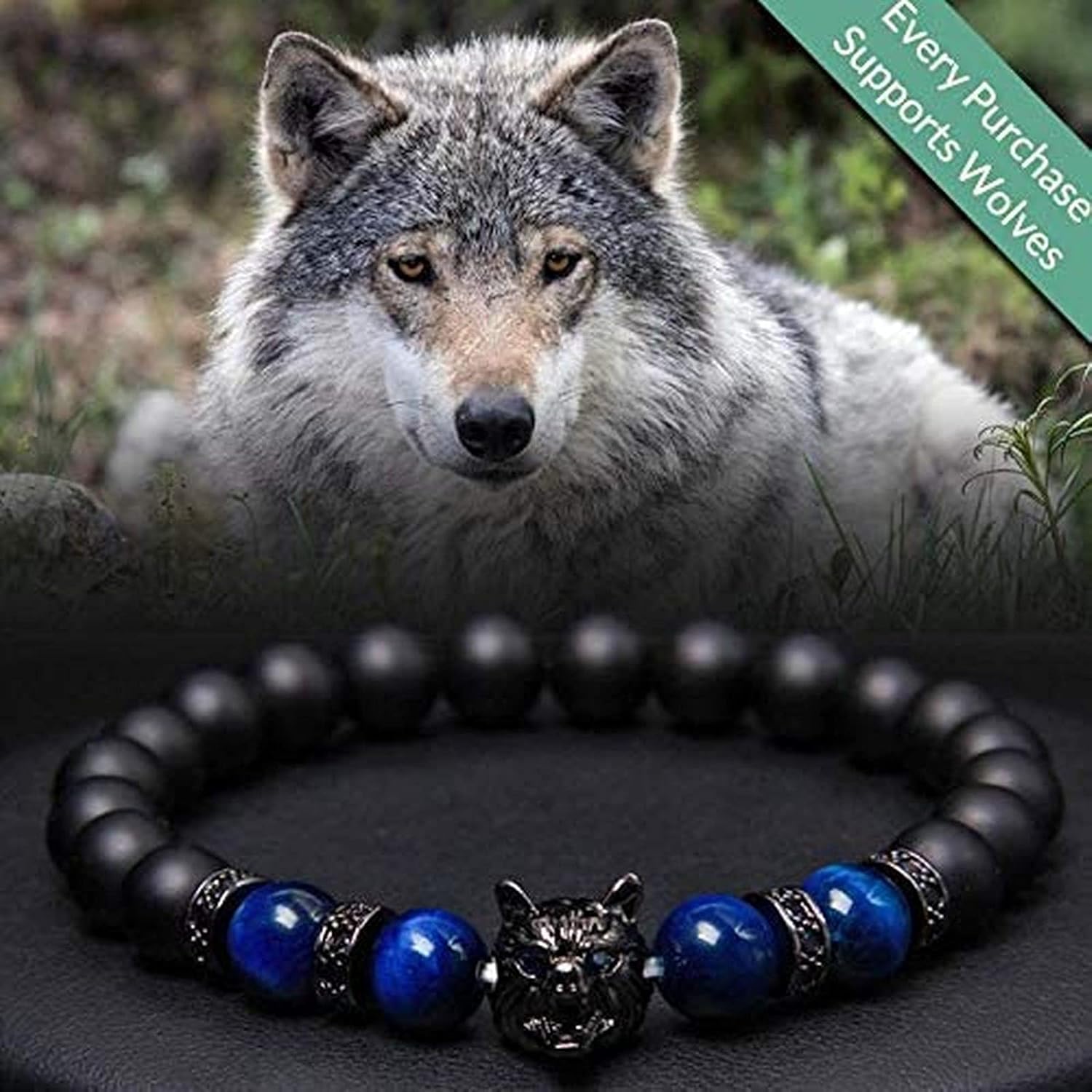 3Pcs Save A Wolf Bracelet,Wolf Head Lava Rock Bracelet,Healing Crystal Stress Relief Anti Anxiety Energy Stone Beaded Bracelet,Adjustable Bracelet for Men (Set) - Image 2