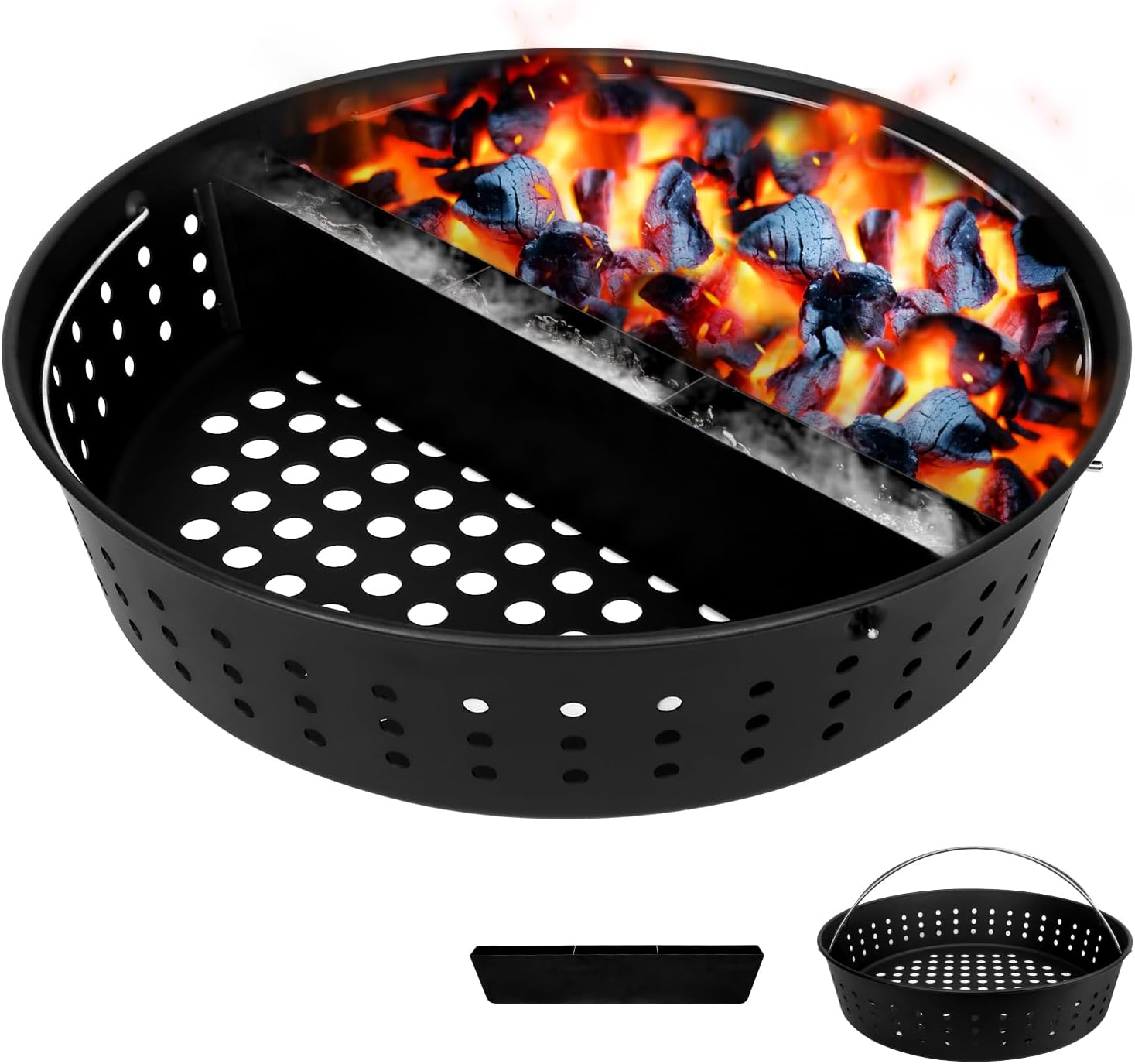 KAMaster Charcoal Basket for XLarge Green Egg with Divider,Heavy Duty Carbon Steel Fire Bowl with Removeable Water Reservoir Compatible with XLarge Green Egg,Charcoal Ash Basket with Foldable Handle