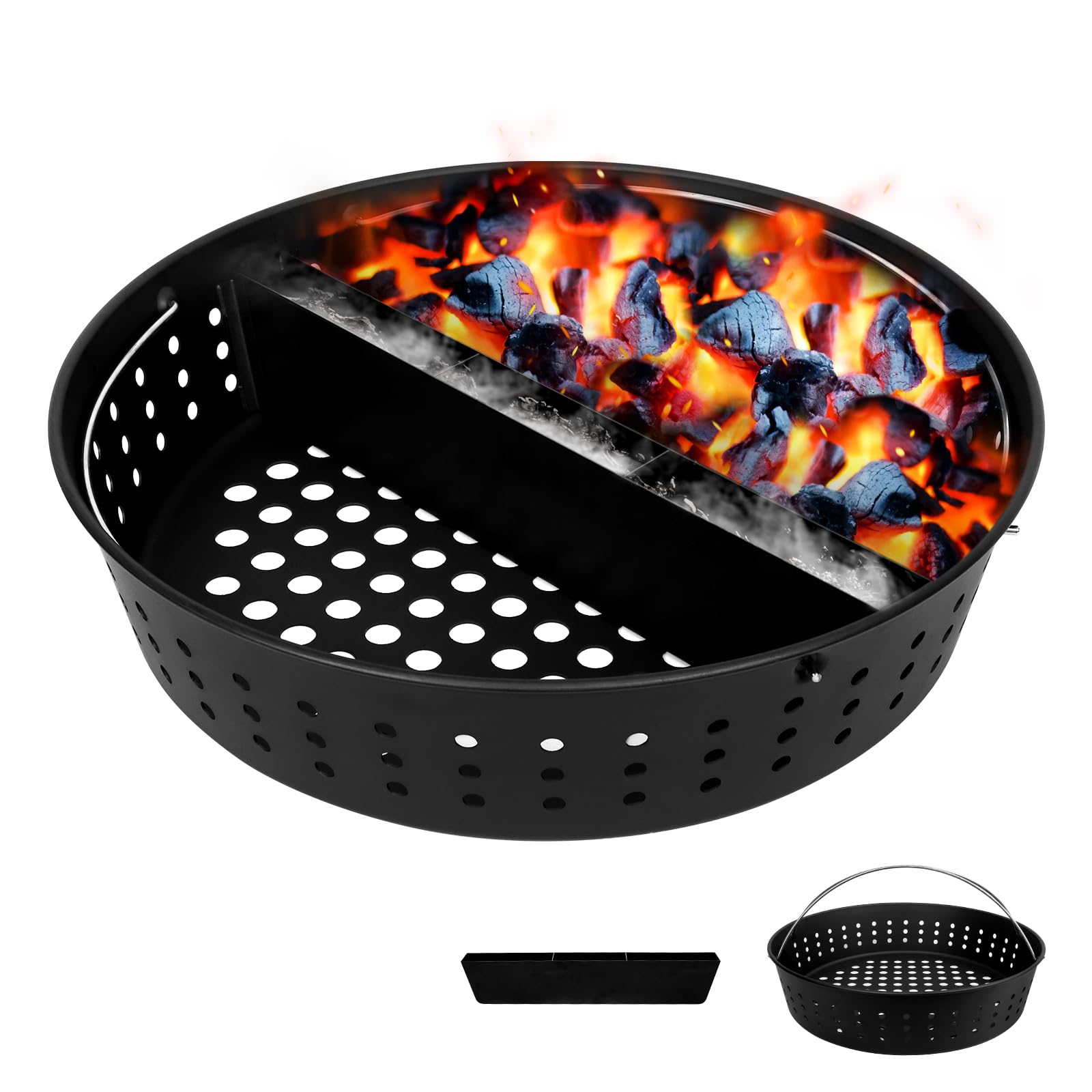 KAMaster Charcoal Basket for XLarge Green Egg with Divider,Heavy Duty Carbon Steel Fire Bowl with Removeable Water Reservoir Compatible with XLarge Green Egg,Charcoal Ash Basket with Foldable Handle
