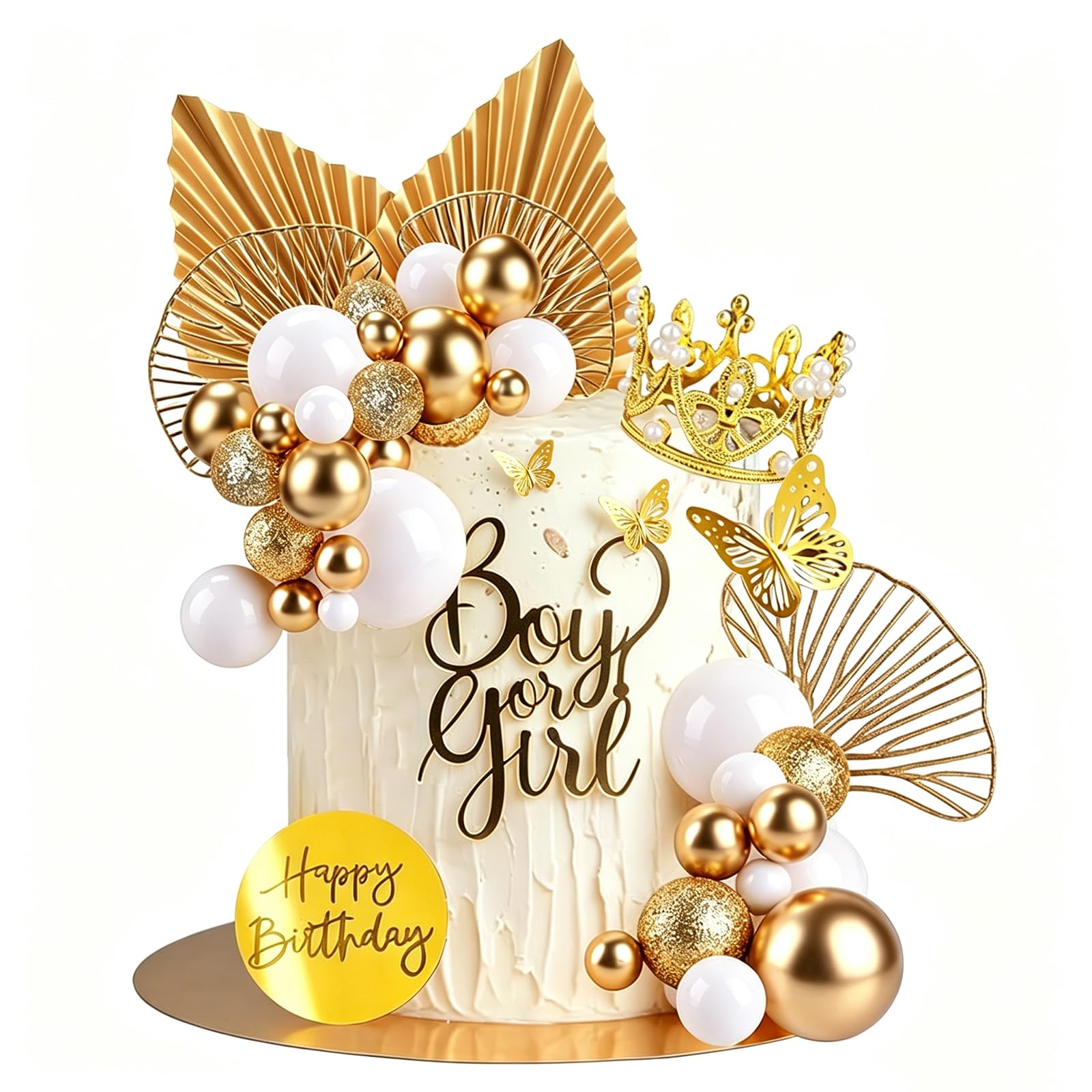 Gold Balls Cake Topper Boho Cake Decorations with Crown Gold Palm Leaves Cake Toppers for Birthdays Bohemian Baby Shower Birthday Party Decor Christenings