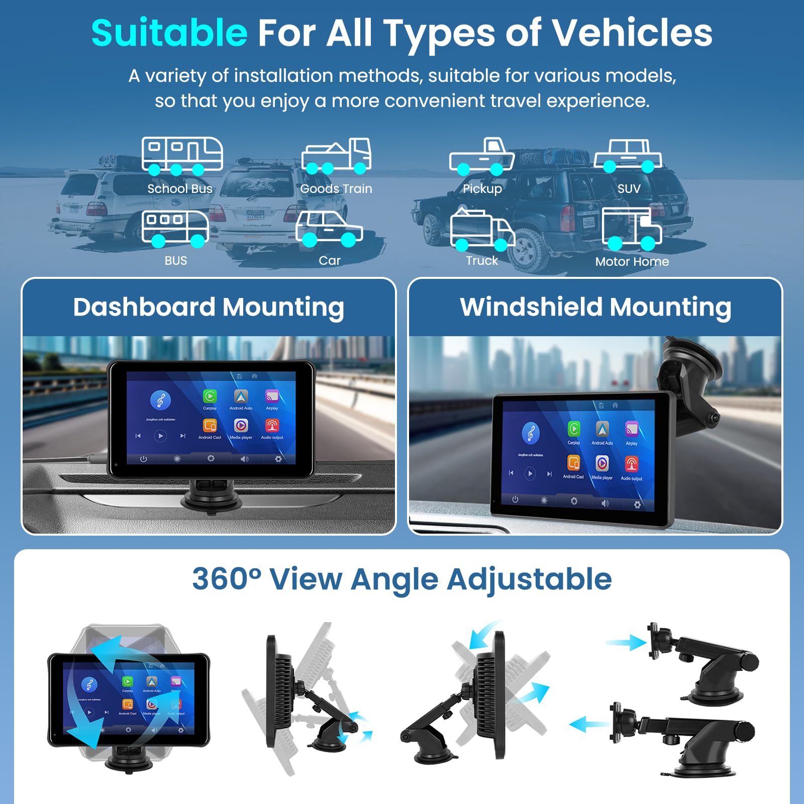 Hodozzy iOS Carplay Bildschirm für Auto, Portable 7 Zoll Touch Screen Wireless Carplay und Android Auto Display Extern mit Bluetooth, Airplay Mirror Link Navi, FM EQ/AUX/TF/USB, Tragbares Autoradio
