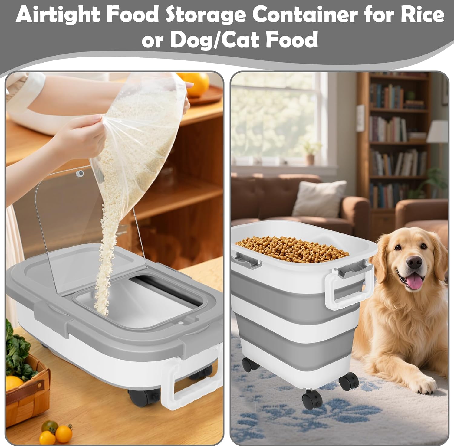 Pet Food Storage Container, 25lbs Large Collapsible Dog Cat Food Container with Airtight Lids Wheels Handle Scoop Measuring Cup Small Container, Rice Kitchen Dry Food Storage Dispenser Bin (Grey)
