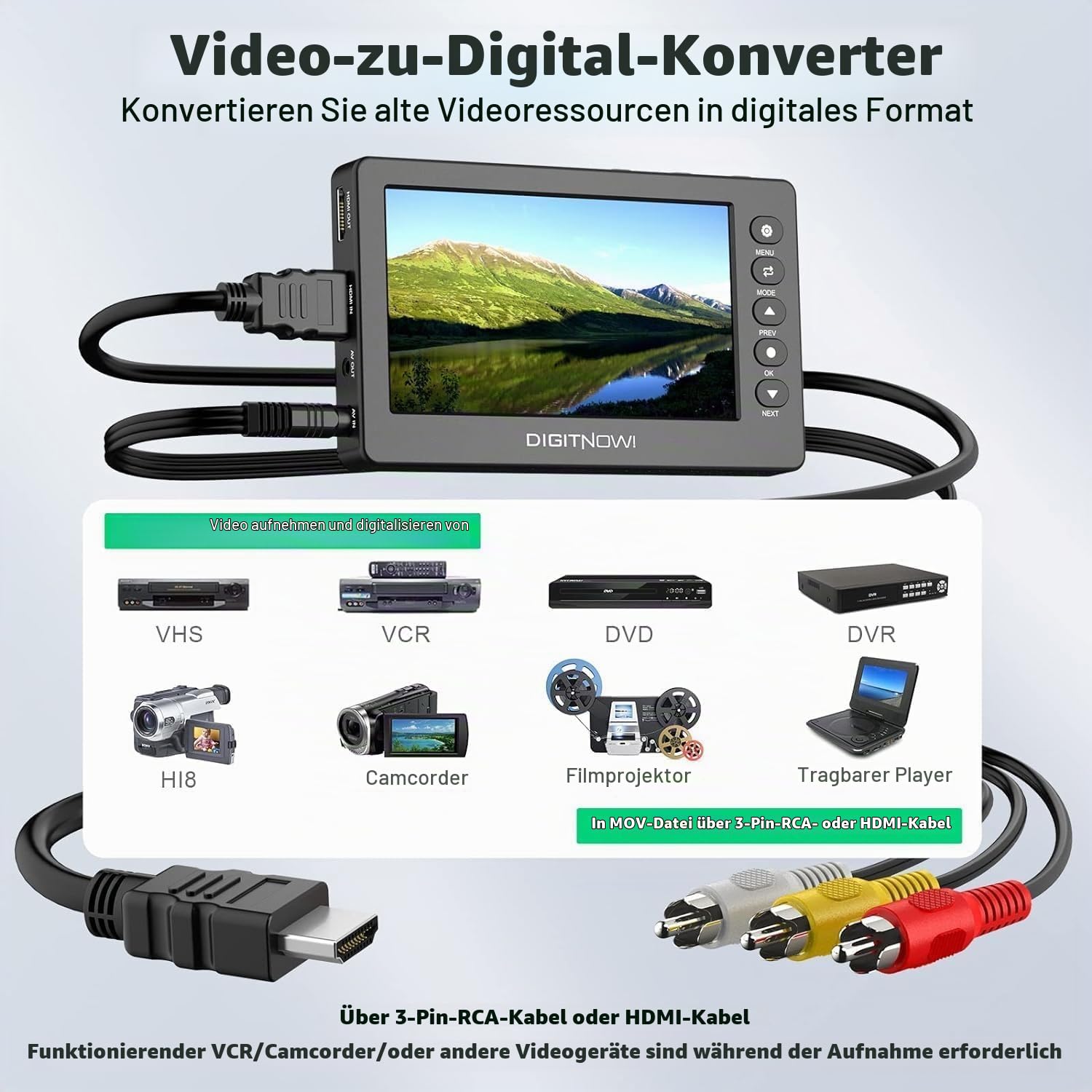 VHS zu Digital Konverter, HD Video Grabber, 1080P 60FPS Video zu Digital Converter, Aufnehmen von Video und Audio von VCR, VHS, Hi8, DVD, Camcorder (Schwarz Mini DV Abspielgerät)