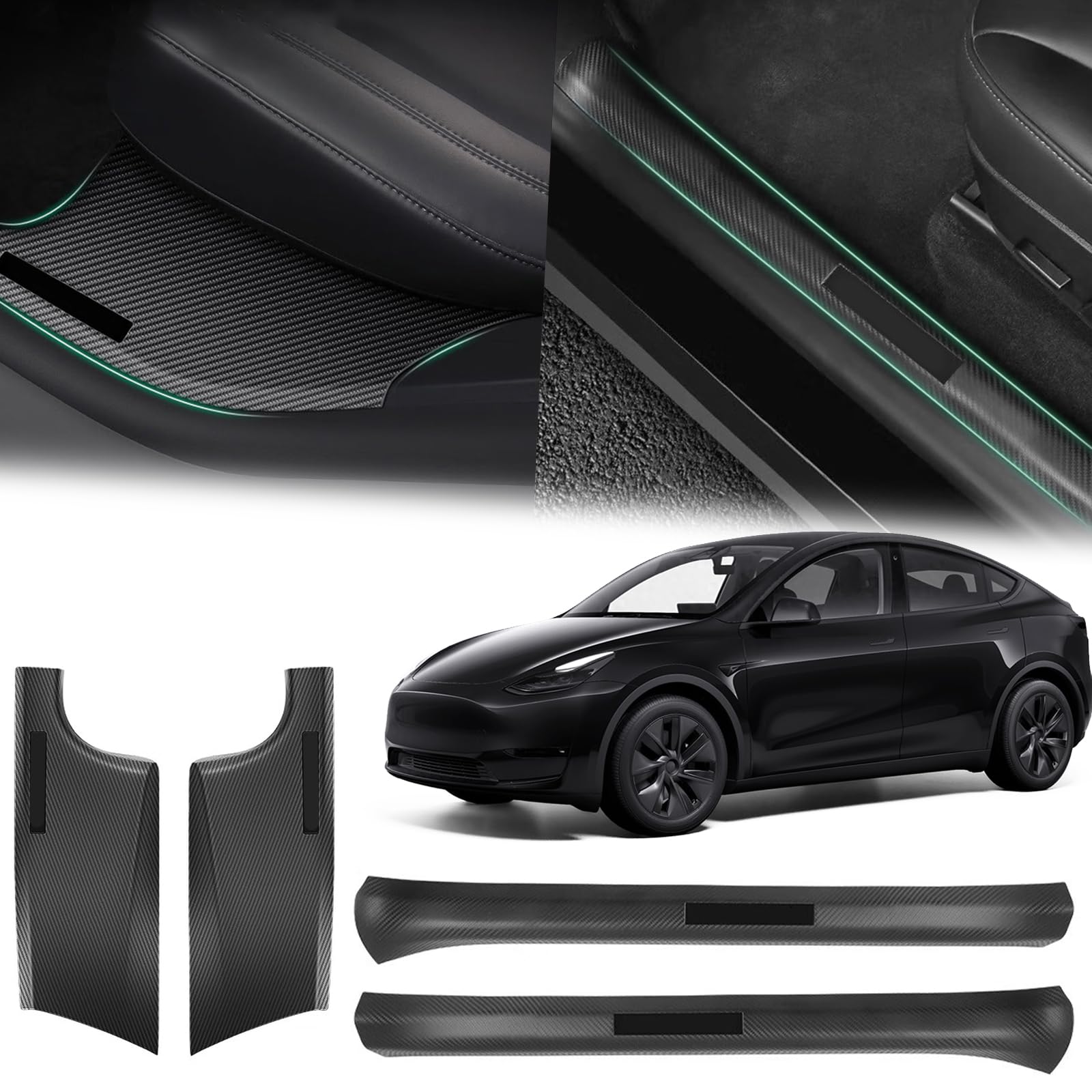 Door Sill Protector for Tesla for Model Y 5 Seater, Carbon Fiber Front and Rear Door Threshold Protection Entry Guard Kit Strip Styling Covers Edge Step Dust Shield Cover Replacement Accessories