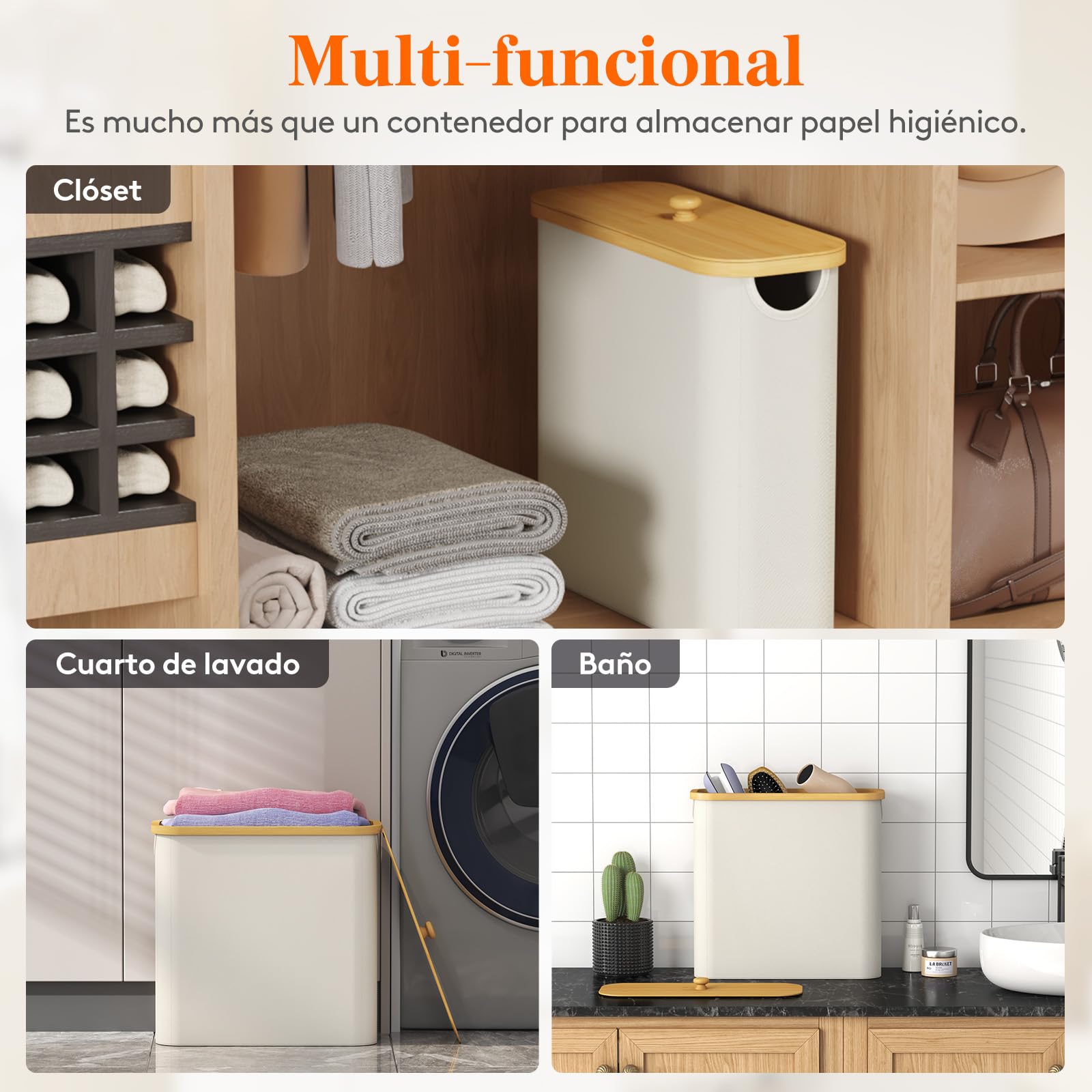 Lifewit Organizador Papel Higienico, Cesta Almacenaje Portarrollos Guarda Rollos Papel Higienico, Bambú Angosto Organizador Baño con Tapa, 23L, Blanco