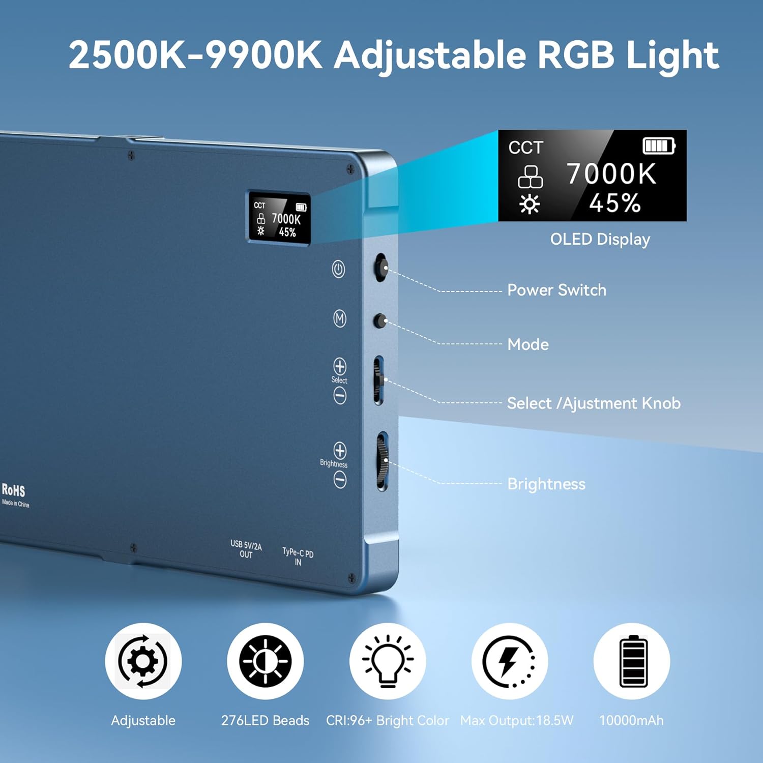 ENEGON 10000mAh RGB LED Video Light - 276 LED Beads with OLED Display, 18.5W Max, 2500–9900K CCT, CRI 96+, 21 Scene Modes - for Photography, YouTube, TikTok & Video Conferences