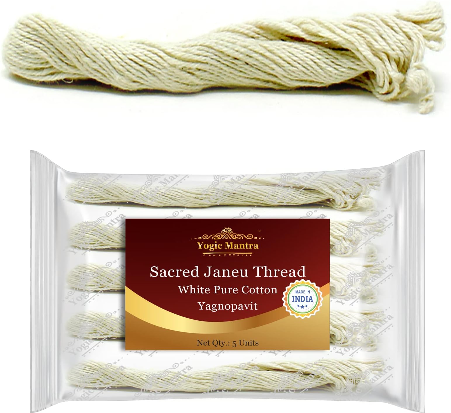 Yogic Mantra Janeu Thread Yagnopavit | 5 Pack | Pure Cotton Sacred Janoi Holy Threads | Upanayana Sanskara Janaeu Puja Thread | Spiritual Janeva for Hindu Pooja and Brahmin Rituals Puja Ceremony