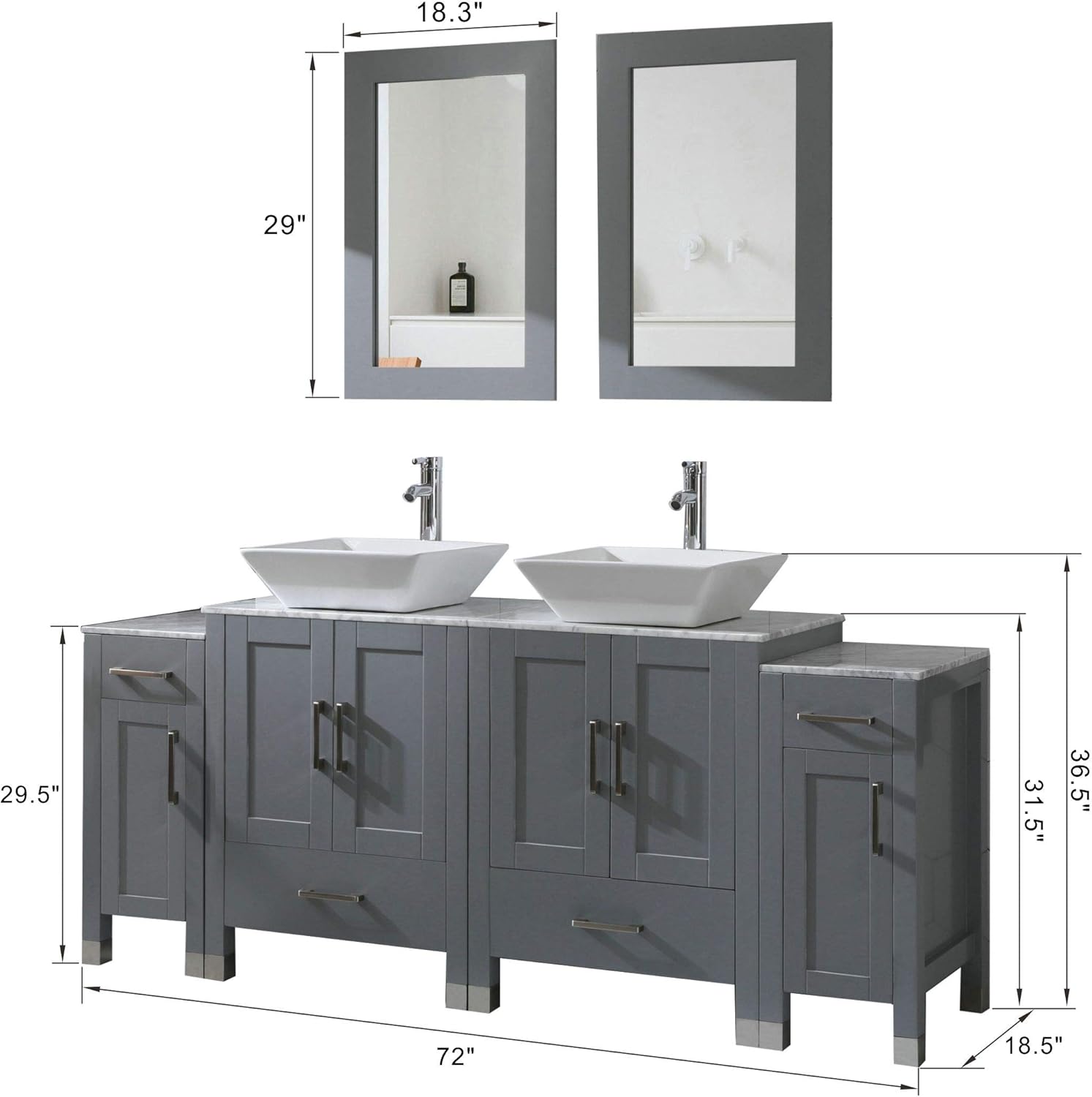 Goodyo 72" Bathroom Vanity Cabinet Double Sink Solid Wood Marble Top w/Sink,Mirror,Faucet&Drain,Grey