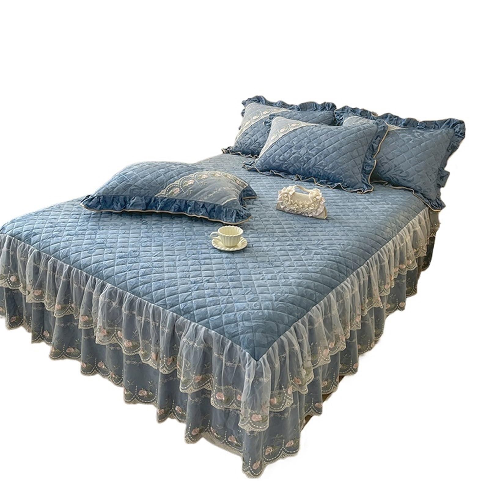 Ruffled Bed Skirt Gold Yellow, Beige, Pink, Jacquard Velvet Lace Ruffles Bedspread, Quilted Embroidery Bed Skirt, Mattress Cover(A,200X220cm 3pcs)