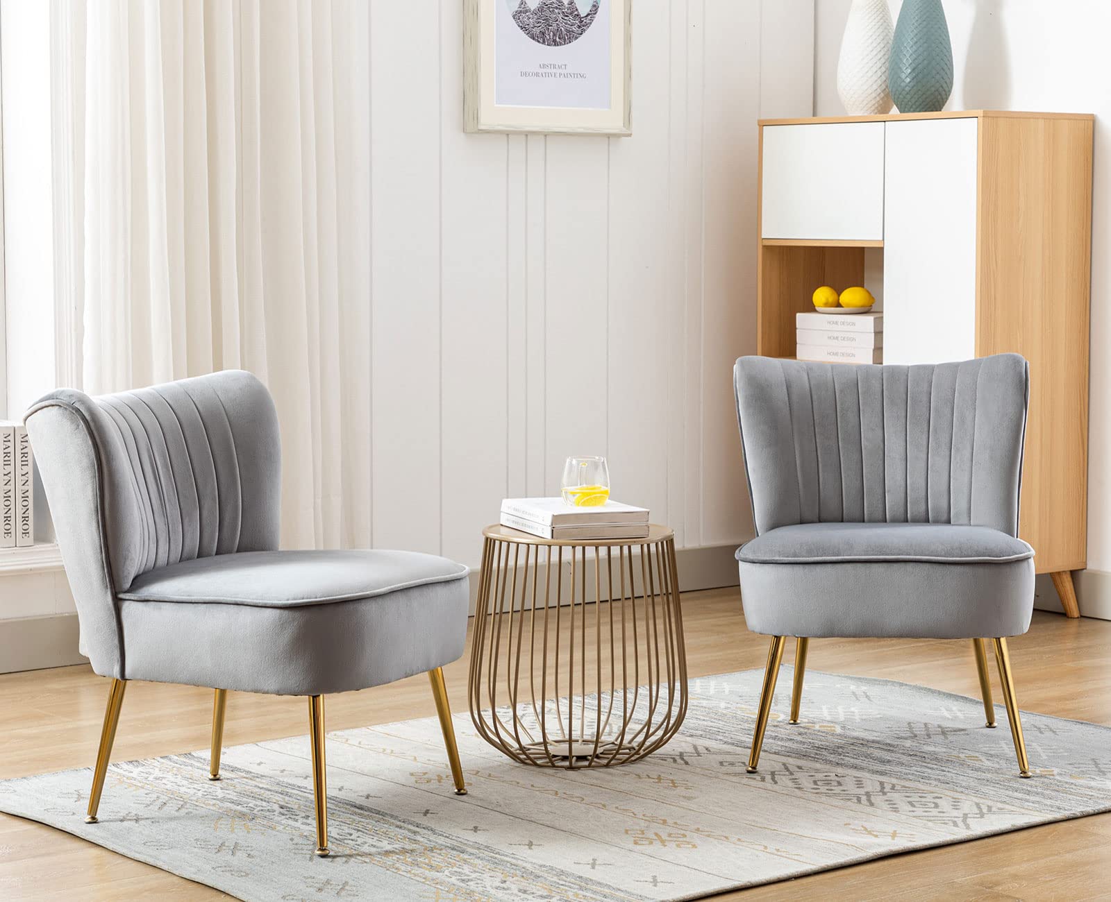 Shunzhi Grey Velvet Accent Chairs Set of 2 with Golden Legs Modern Upholstered Slipper Chairs Comfy Armless Wingback Side Chairs Corner Chair for