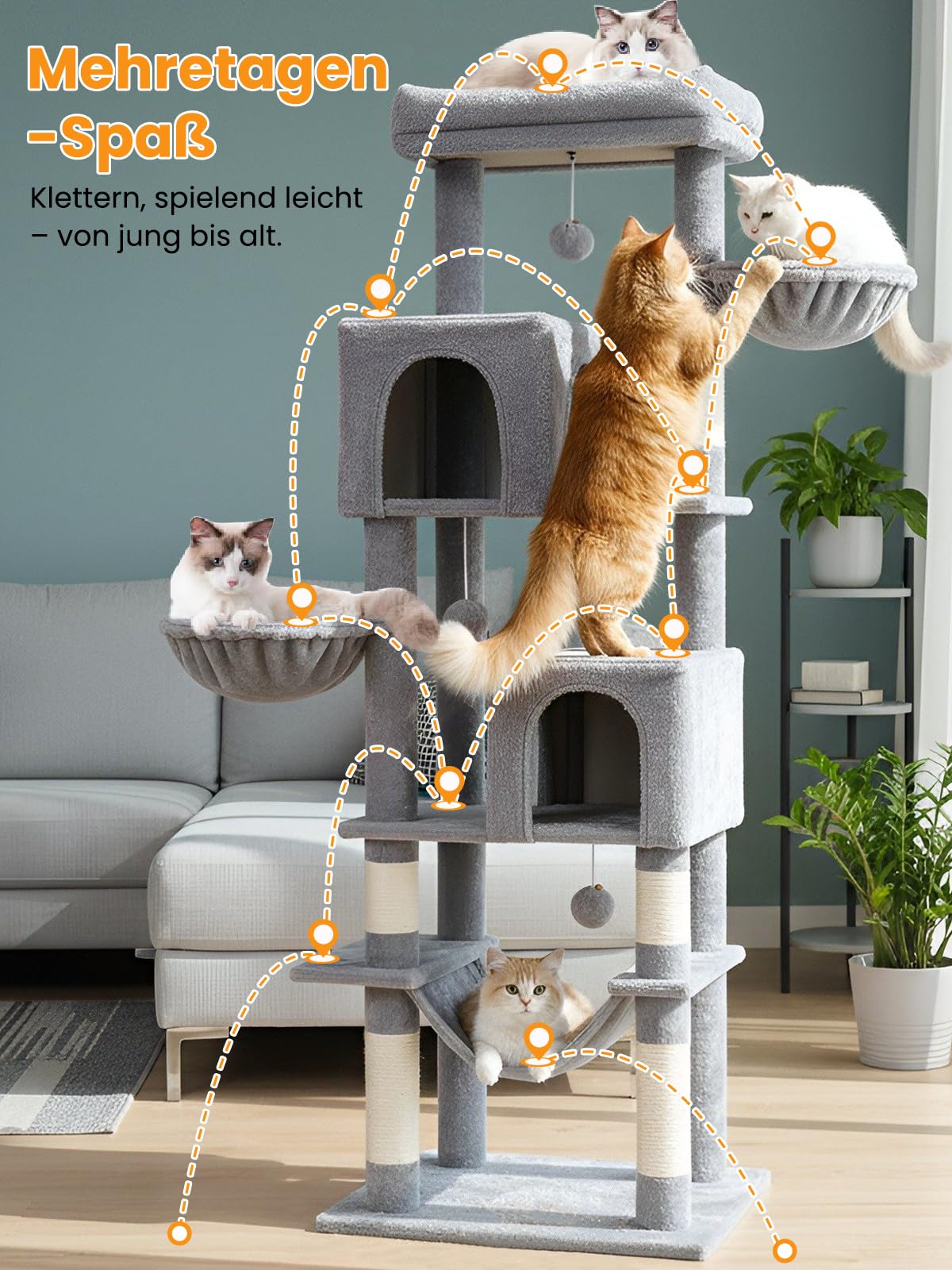 Árbol rascador grande, XXL, 180 cm de alto, con grandes plataformas, 5 columnas para rascar, 2 cuevas, 2 cestas, bolas de peluche, hamaca, cepillos para gatos y protección antivuelco