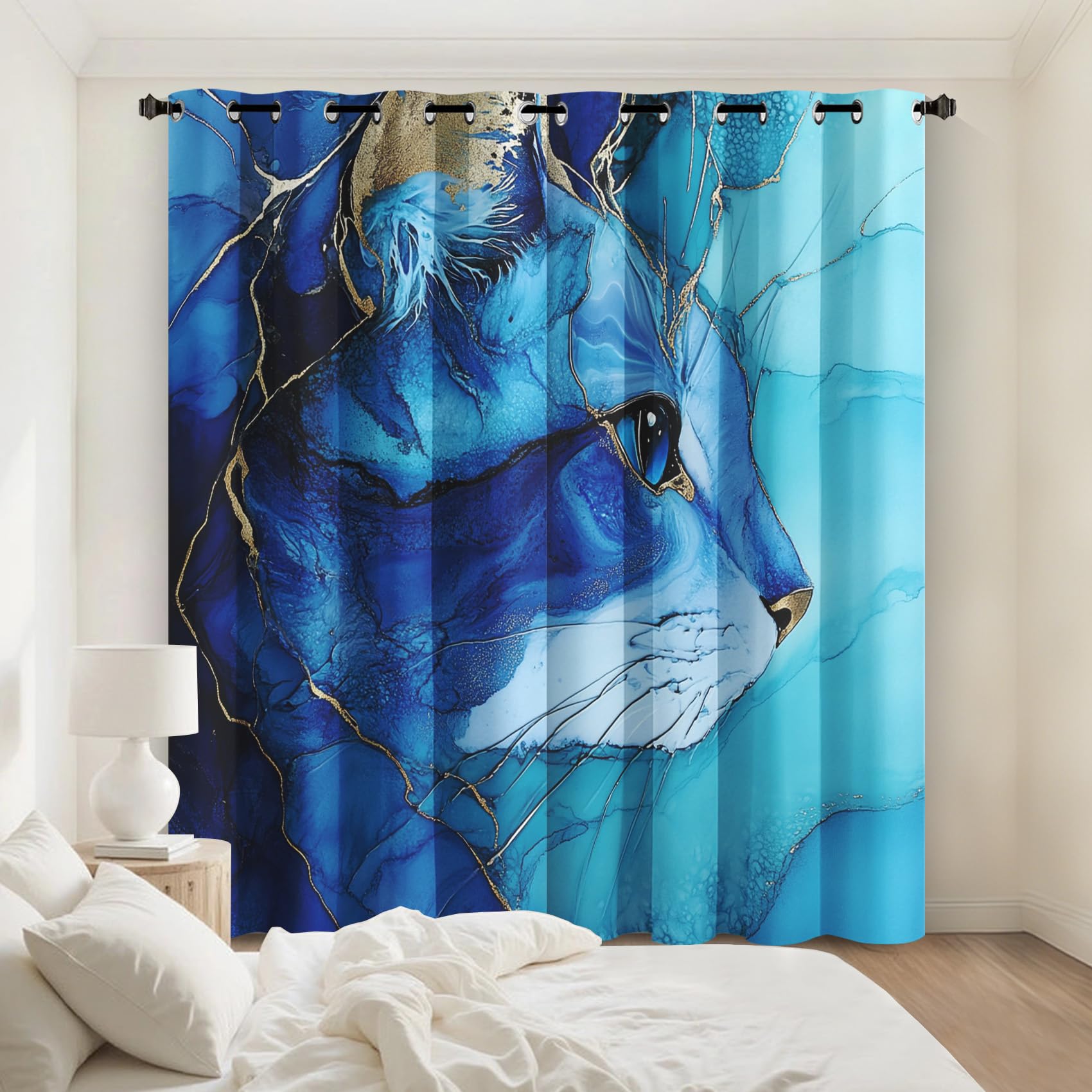 Rideau occultant chat marbre bleu lot de 2 œillets salon chambre L140 x H240 cm