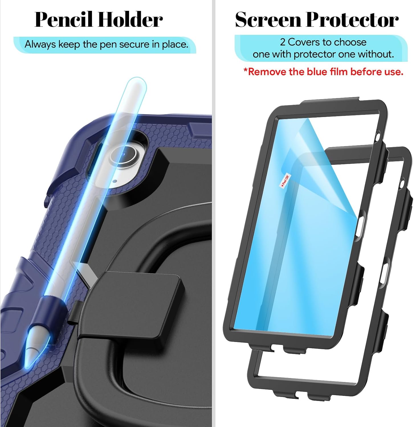 HXCASEAC Case for iPad A16 11th/10th Generation, Full Body Protective with 360 Degree Rotating Handle Stand, Screen Protector, Pencil Holder, Shoulder Strap (A2969/A2757/A3354/A3355/3356) - Navy