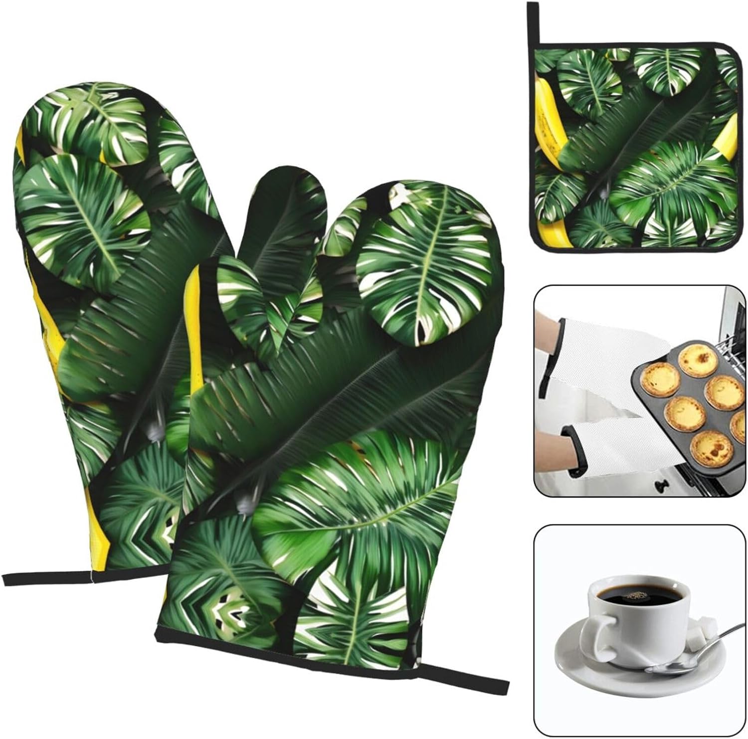 Banana and Palm Print Heat Resistant Microwave Gloves, Used for Baking, Cooking, and Fashion Kitchen Essentials