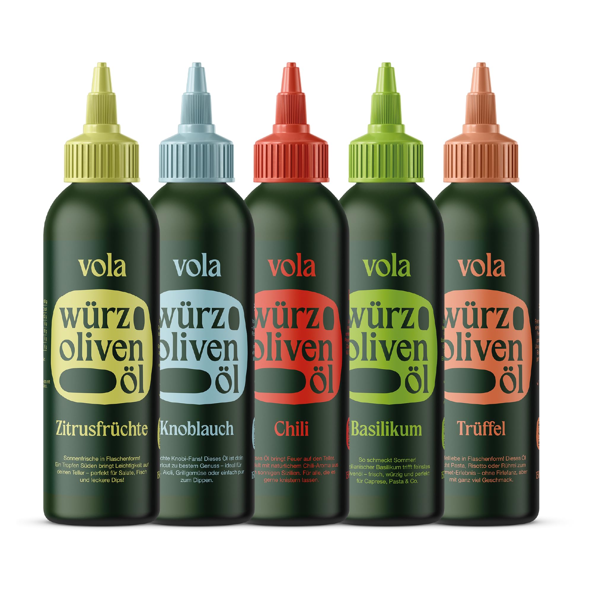 Vola Würzöl-Bundle, 5 Sorten in der praktischen Quetschflasche - Chili, Knoblauch, Basilikum, Zitrus & Trüffel, Kaltgepresstes Olivenöl, 100% Natürlich, Vegan, Ohne künstliche Zusätze, aus Sizilien
