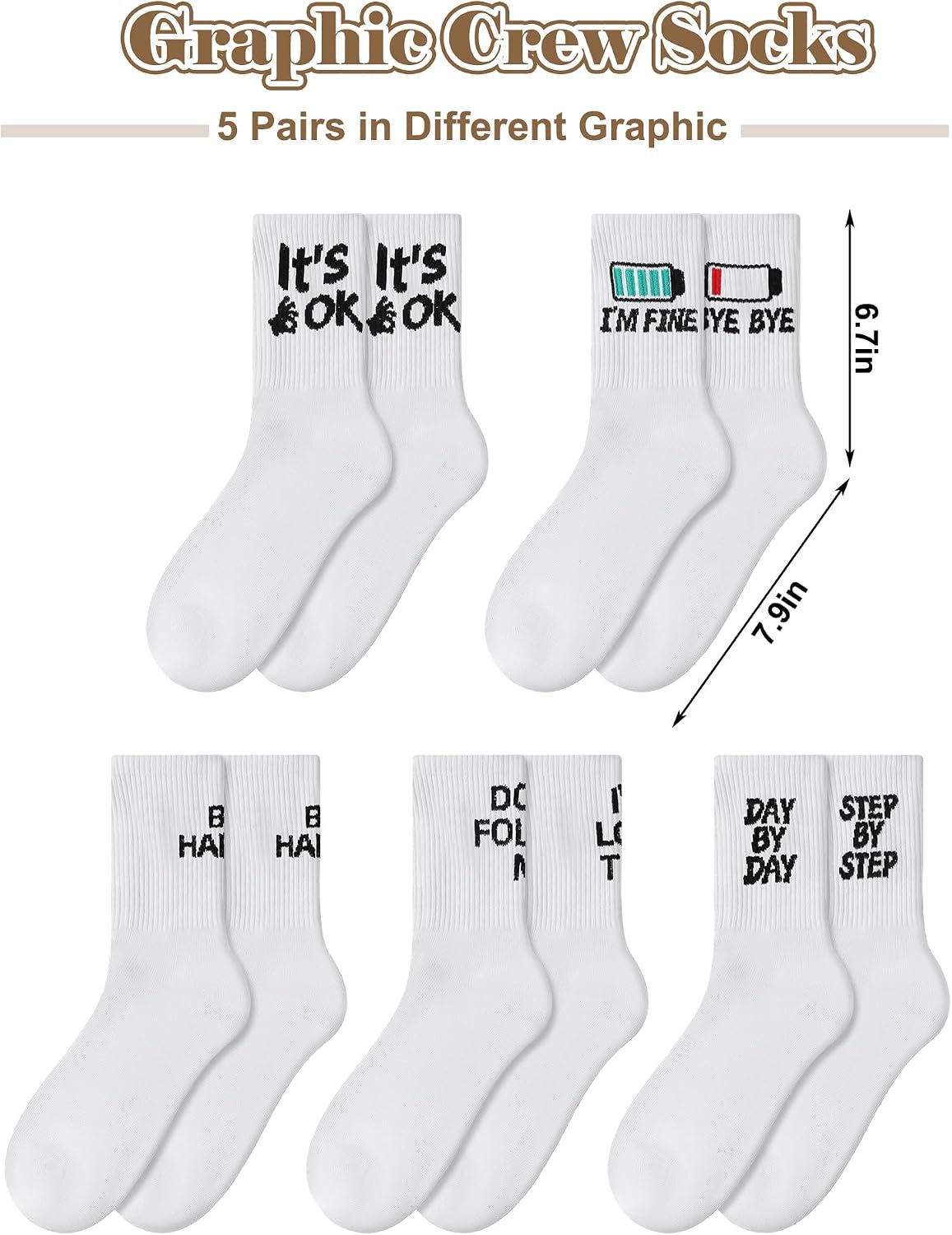 Chuarry 5 Pairs Funny Graphic Socks for Women Men Novelty Quote Athlete White Crew Socks Sport Casual Back to School Stuffers