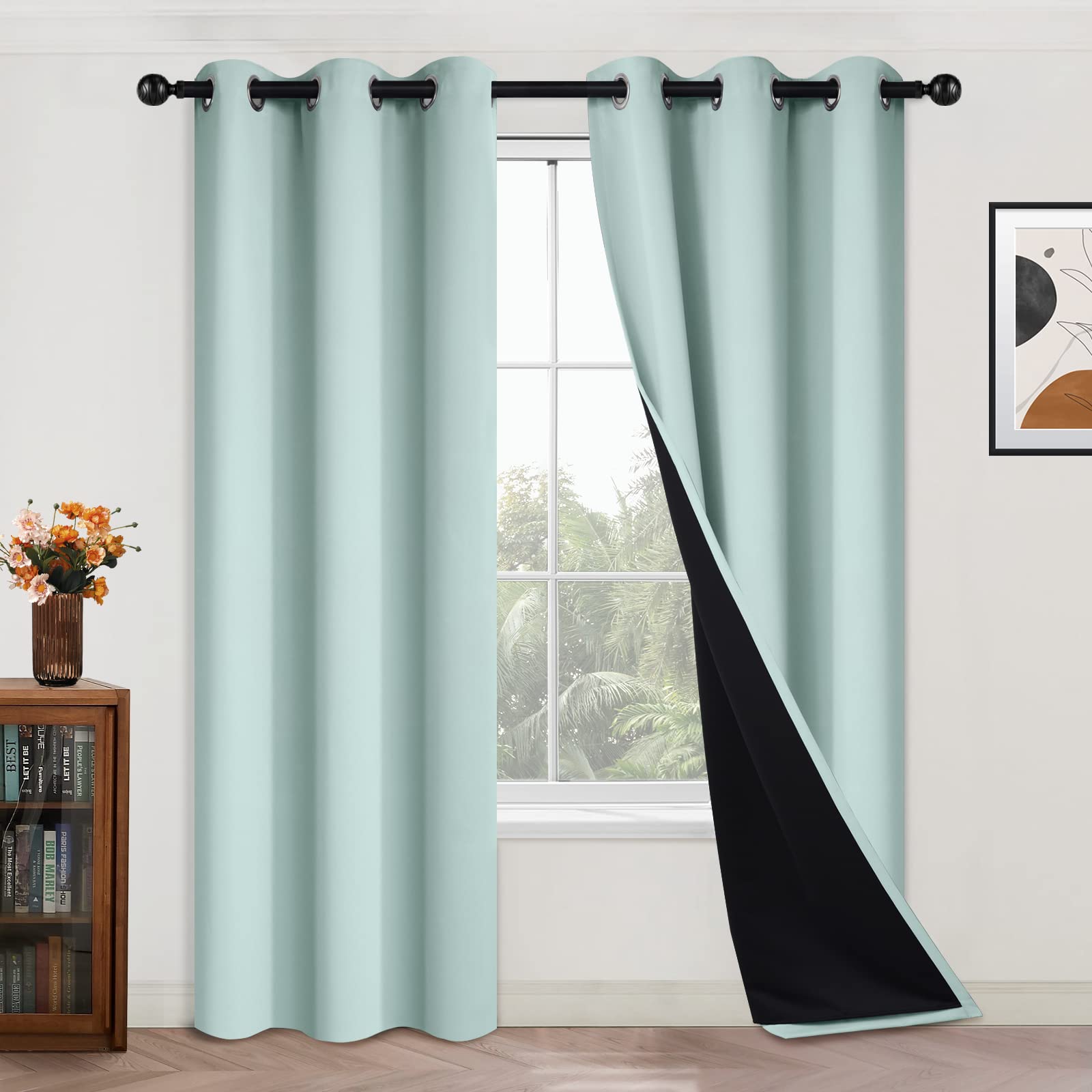 Yakamok Full Blackout Curtains 84 Inches Long,Blackout Curtain Panels for Bedroom, 2 Thick Layers Grommet Top Thermal Insulated Drapes with Black