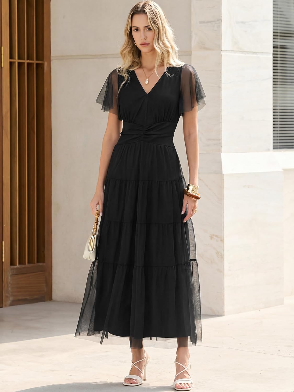 ANRABESS Womens Summer Floral Maxi Dress Short Sleeve Flowy Tulle Wedding Guest Beach Vacation 2026 Spring Party Long Dresses - Image 3