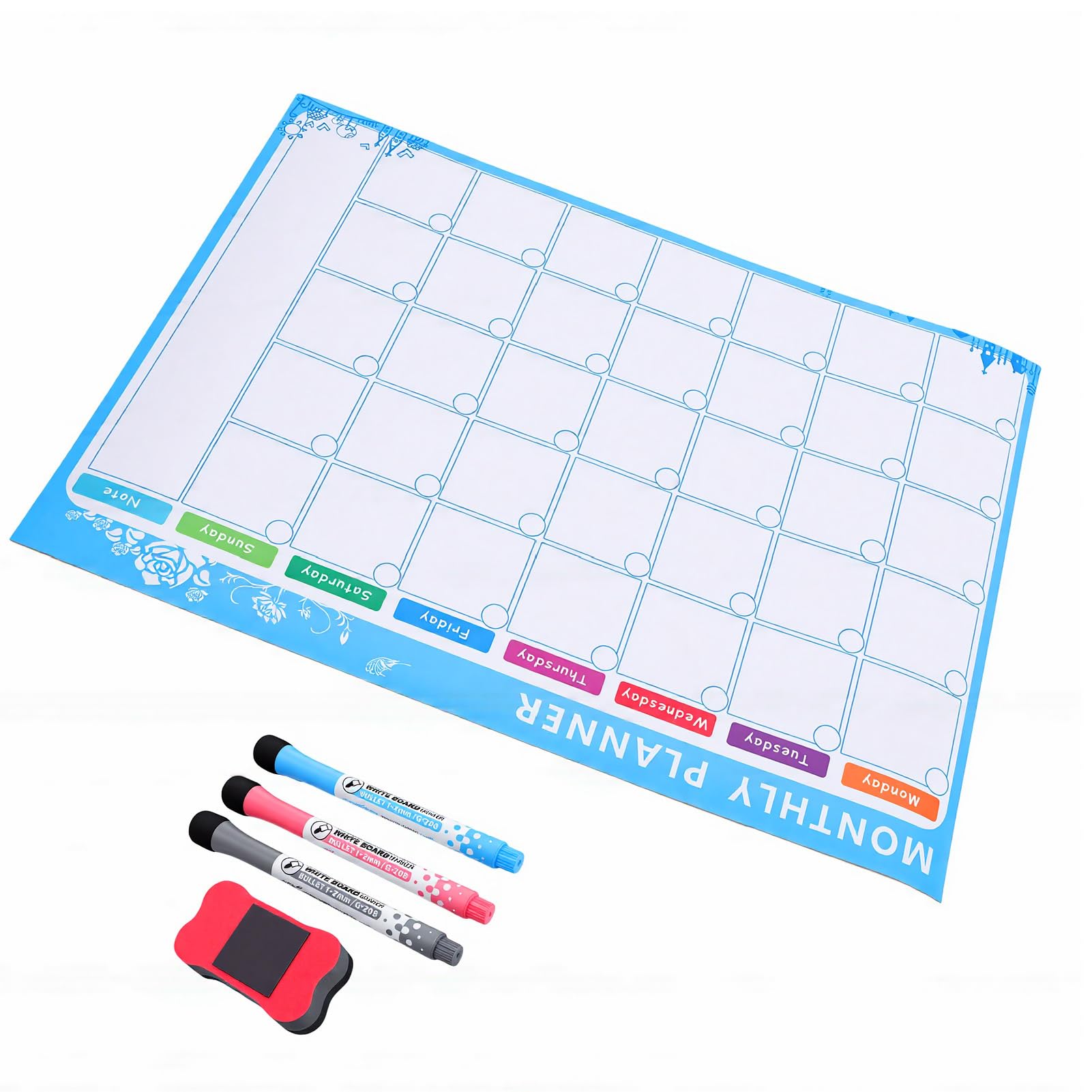 Calendario da Muro Cancellabile a Secco, 4 Pezzi con Magnete, Cancellabile Senza Fantasmi, Calendario a Secco da Muro, Grande Agenda Mensile, Lavagna Bianca con 3 Pennarelli Colorati e Gomma