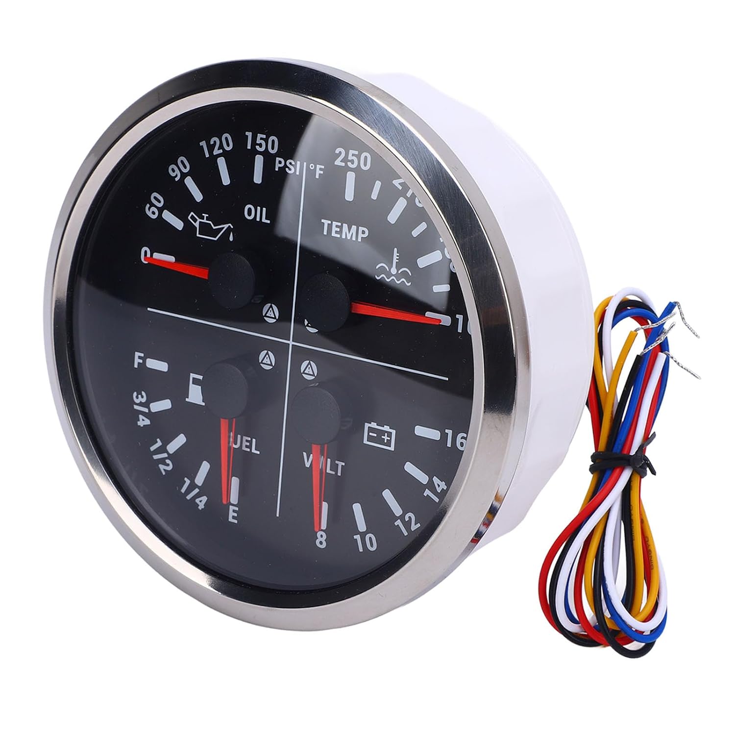 Luocute Fuel Level Oil Pressure Water Temp Gauge Voltmeter, 4 in 1 Multifunction Gauge DC 12V 0-150 PSI 100-250℉ 8-16V for RV Boat Truck, Supports 10-184ohm, 301-22ohm, (Black Dial Silver Bezel)
