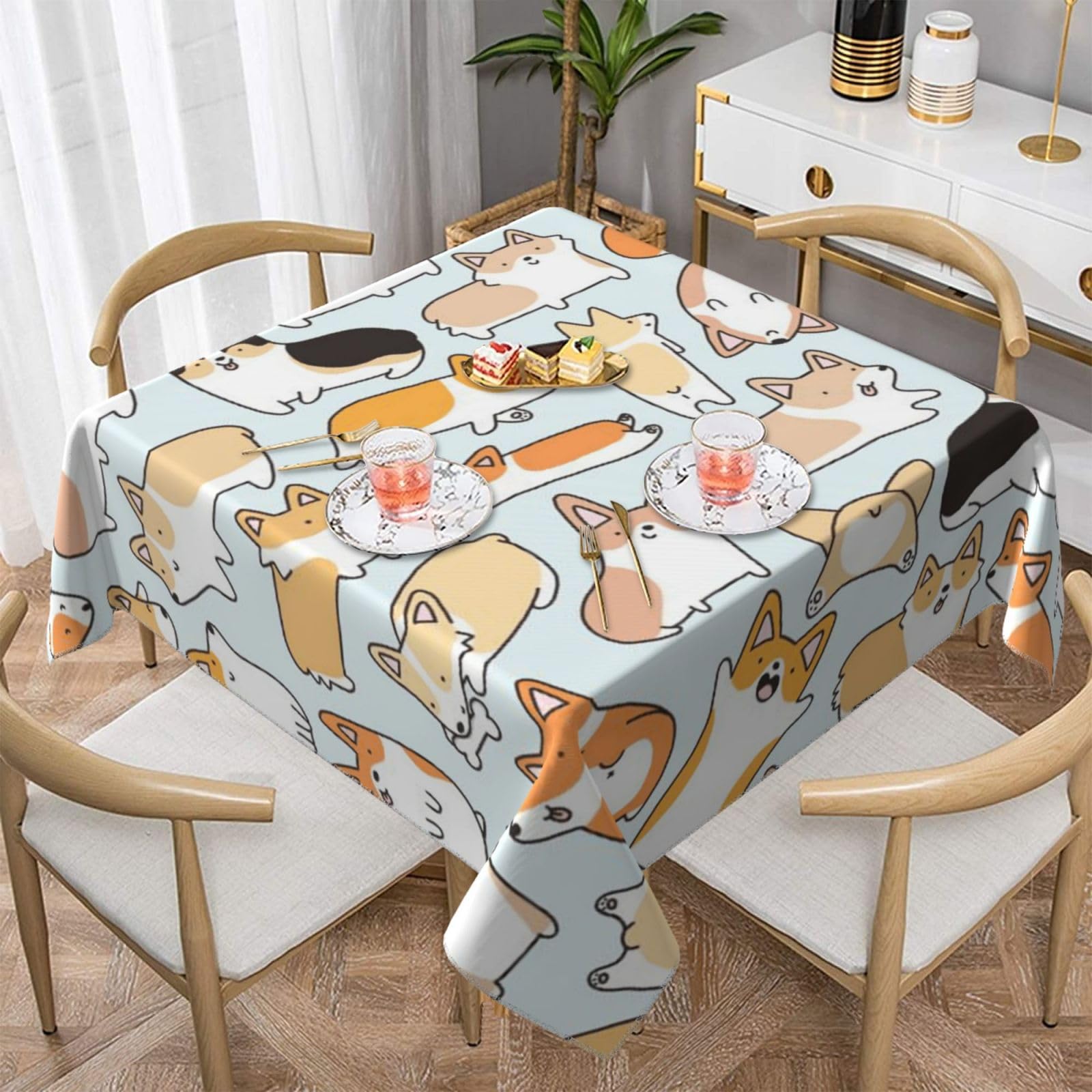 ZERAOKE Square Tablecloth 140x140 Cm, Corgi - Table Cover, Polyester Wrinkle-Resistant Washable Tablecloths For Indoor/Outdoor Dining Parties Weddings (Fits 78 To 99cm Tables)