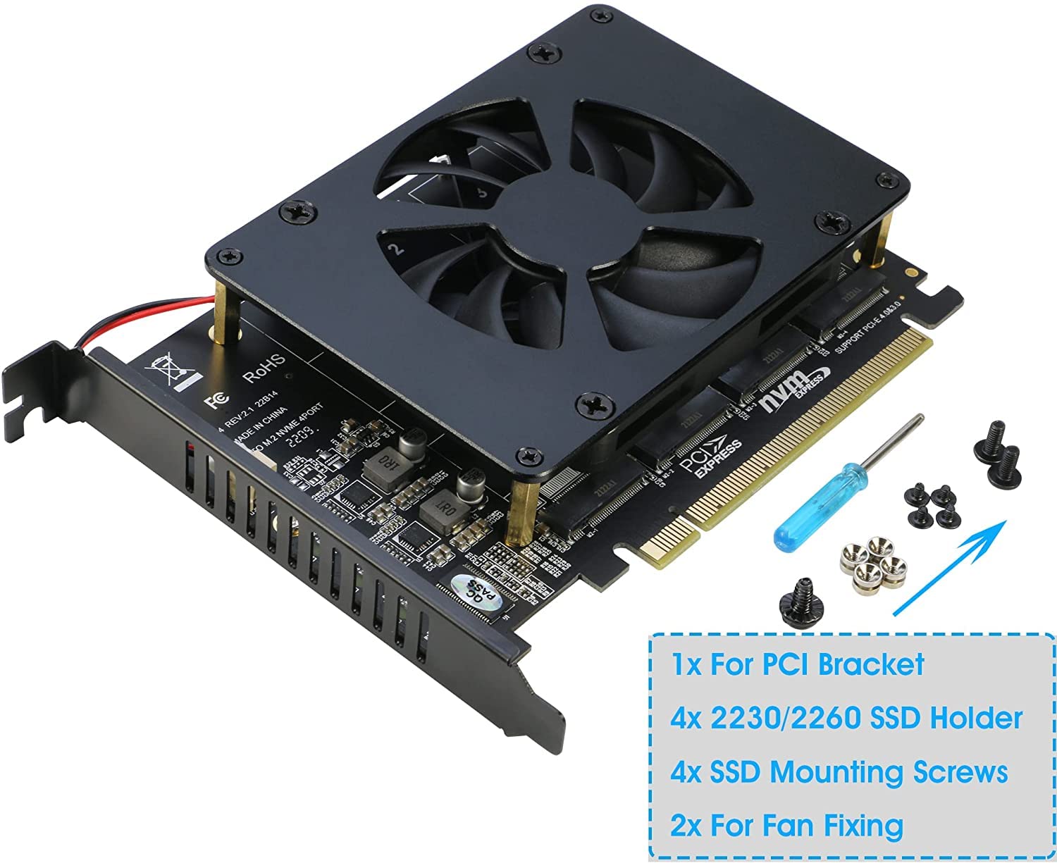 RIITOP Adapter Quad NVMe PCIe 4 porty M.2 SSD na PCI-e 4.0/3.0 x16 karta z obsługą wentylatora 2280/2260/2242/2230 NVMe SSD (PCI-e wymagane rozgałęzienie)