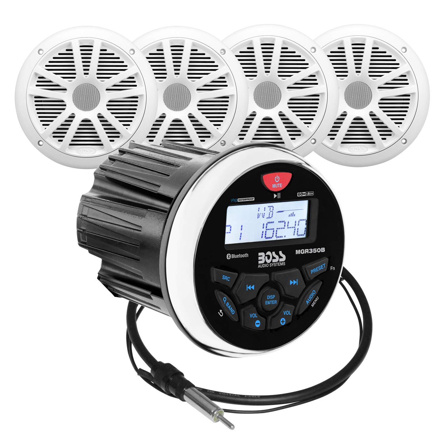 BOSS Audio Systems MGR350BPAKW Weatherproof Marine Receiver/Speaker Package - IPX6 Rated Receiver, Bluetooth, USB, MP3, AM/FM, Weather Band Tuner, No CD Player, 6.5 Inch Speakers, Dipole Antenna