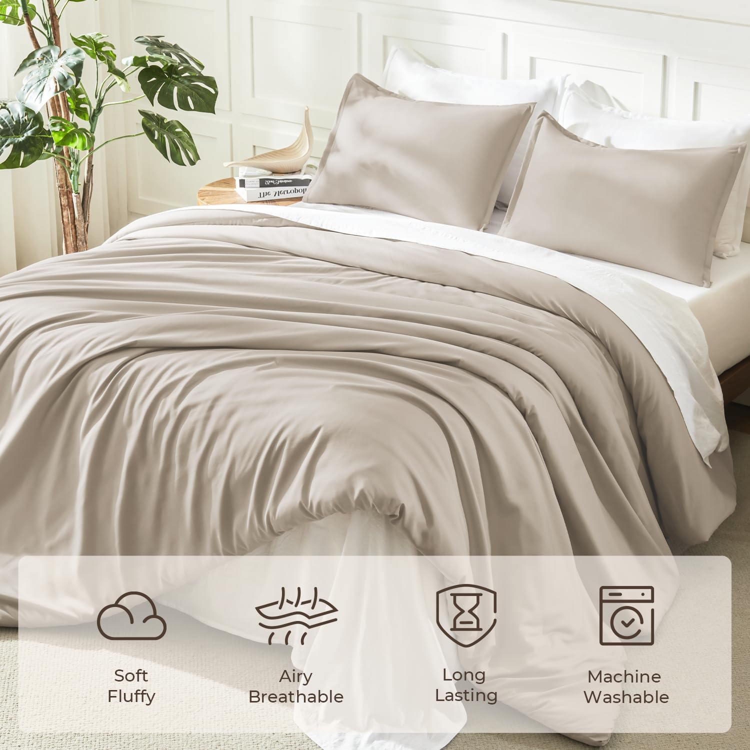 Litanika Oatmeal Comforter Queen Size, 3 Pieces Lightweight Solid Bedding Comforter Set, All Season Fluffy Bed Set (90x90In Comforter & 2 Pillowcases) - Image 3