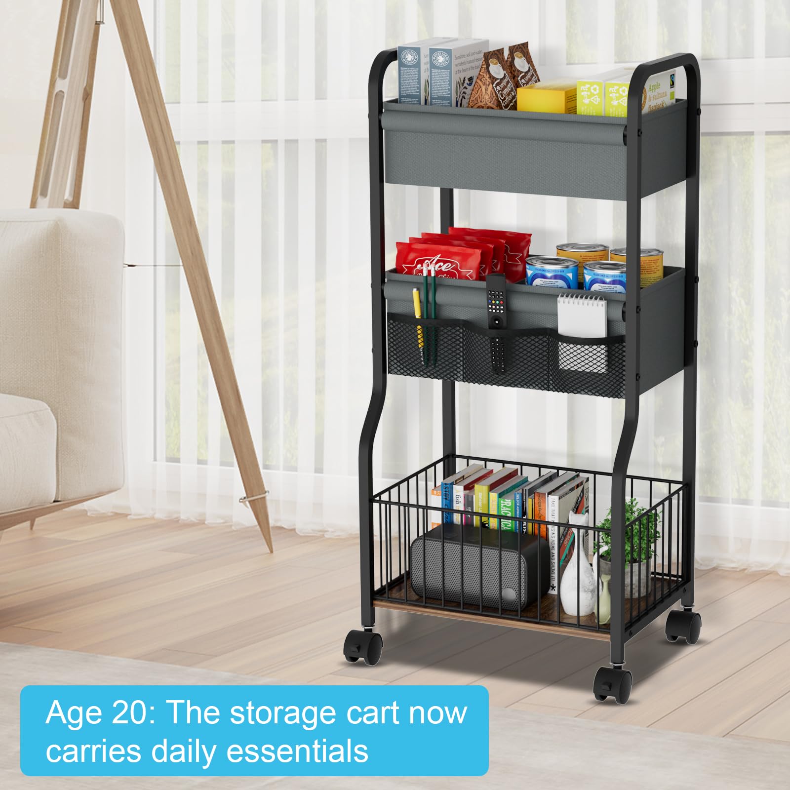 Organizador de pañales para bebé y carrito de almacenamiento con 4 + 3 divisores, carrito de pañales rodante de 3 niveles, carrito de noche para artículos esenciales del bebé con ruedas para