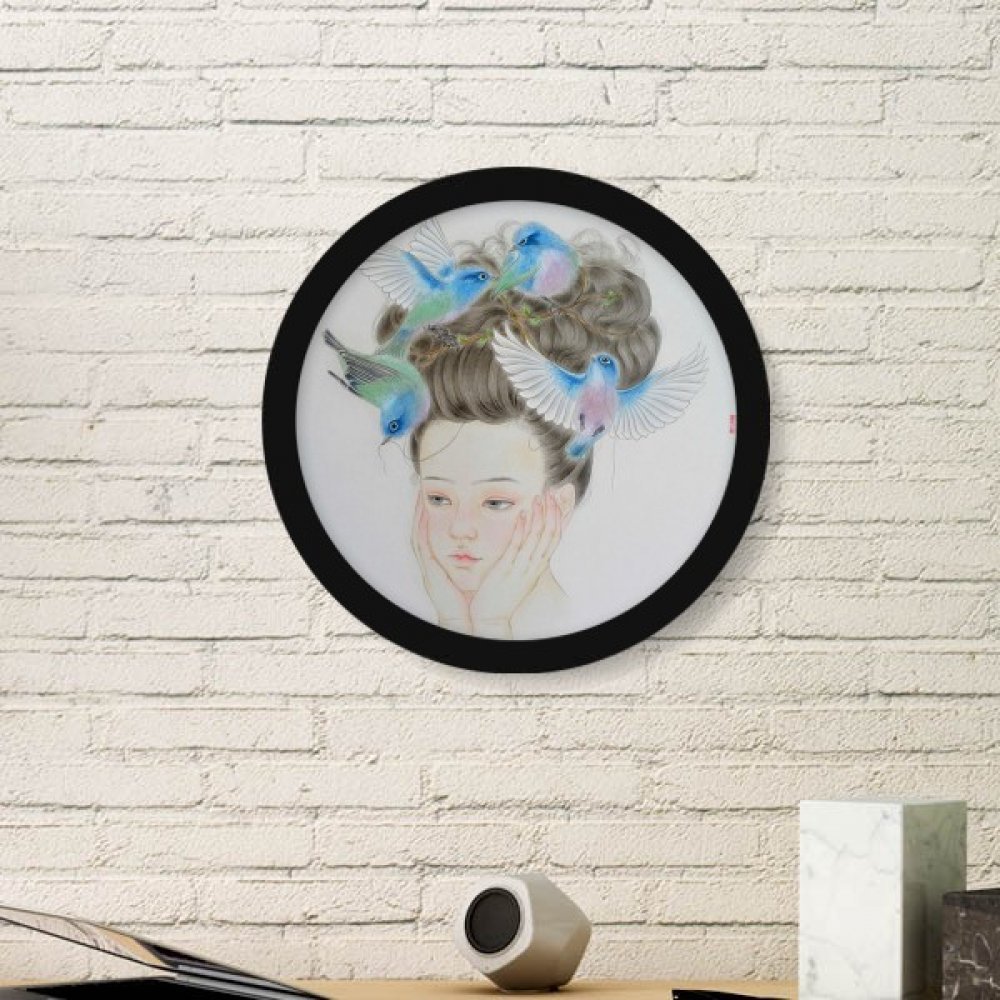Tableau rond oiseau bleu et fille chinoise avec grand cadre noir